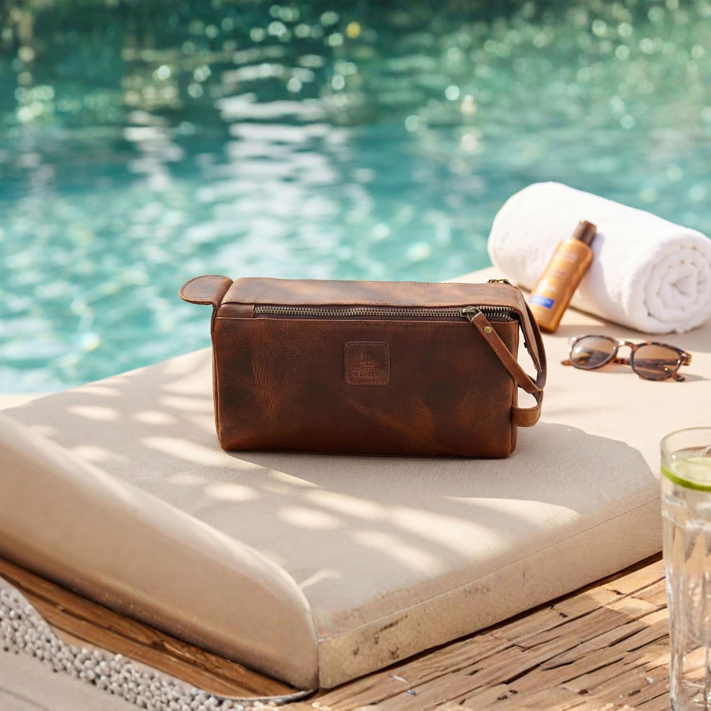 Full Grain Leather Toiletry Kit - Water-Resistant Travel Organizer for Men & Women | Rustic Brown Grooming Case