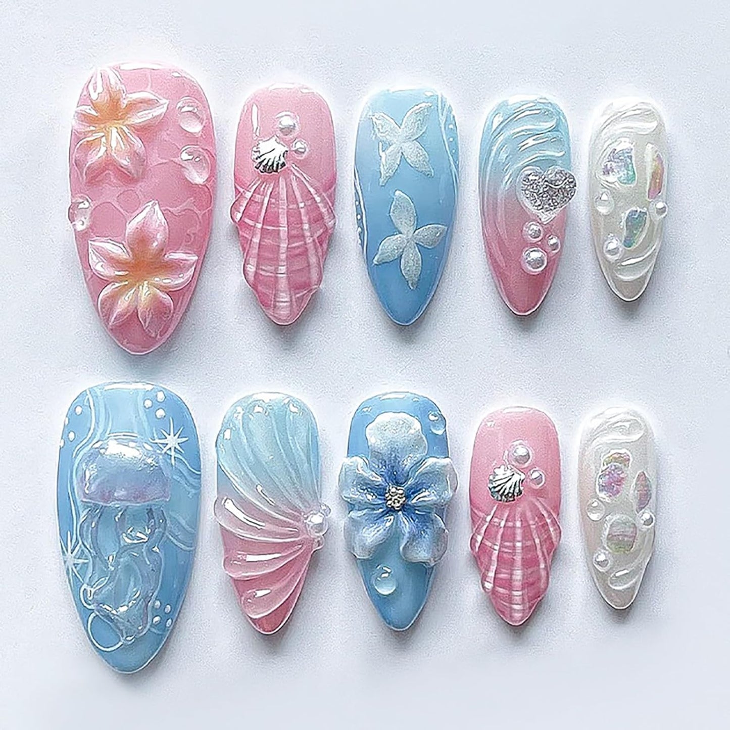 3D Pink Flower Press-On Nails - Nude Pink Gradient French Tip | Medium Almond, Reusable 30 Pcs for Weddings