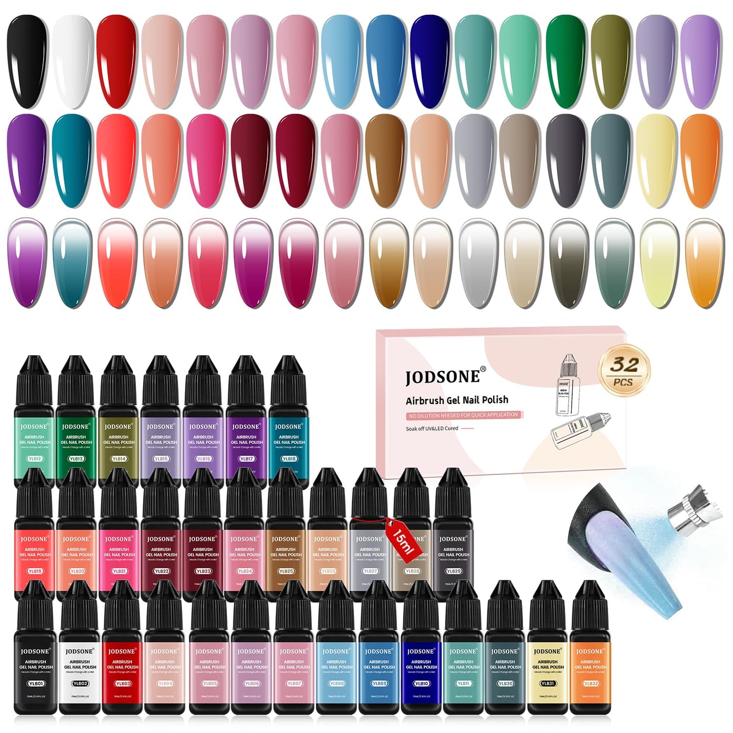 JODSONE Airbrush Gel Nail Polish Kit - 32 Colors, No-Dilution | Perfect for Home & Salon Nail Art
