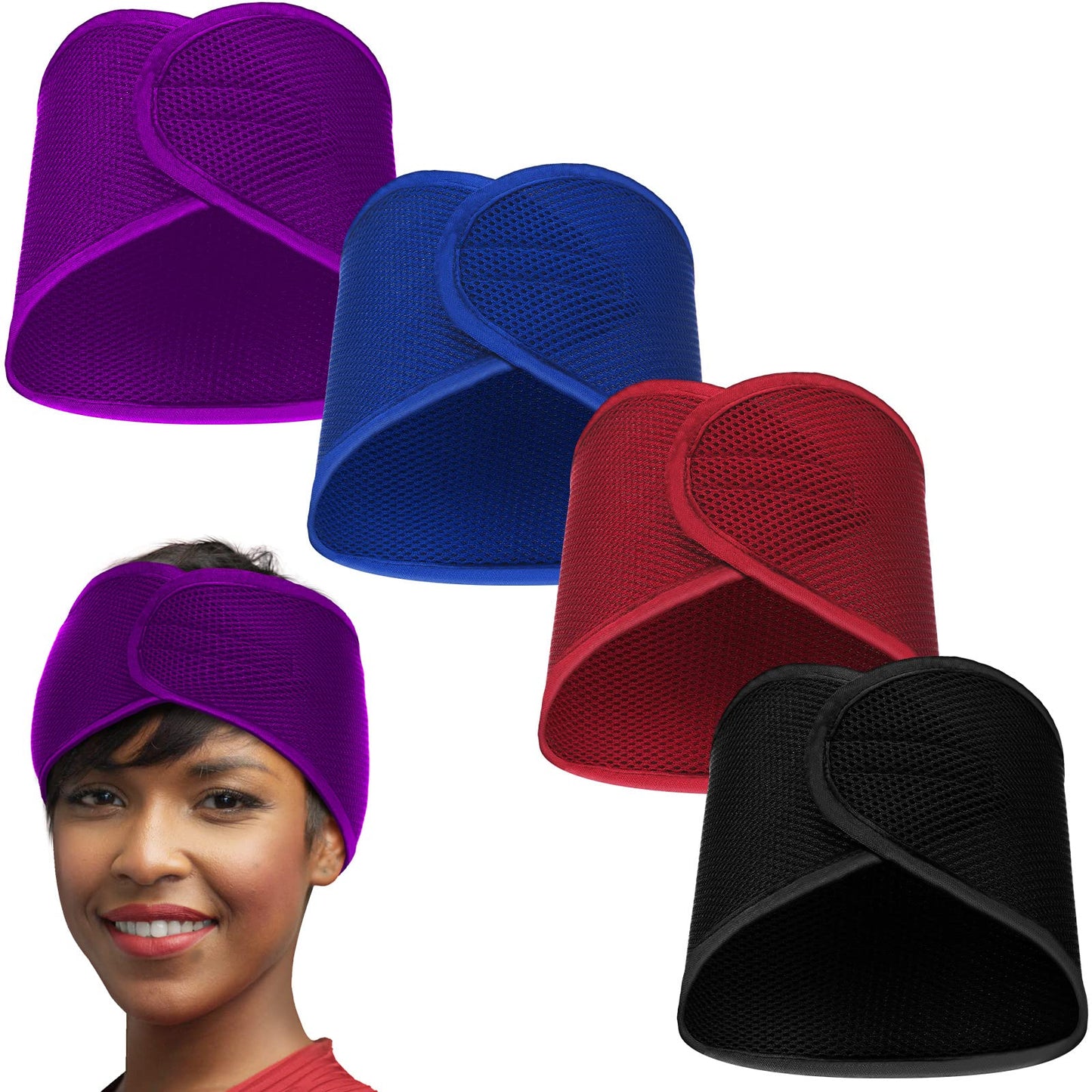 Haysandy 4 Pcs Mesh Hair Wrap for Women Pixie Hair Mesh Wrap Adjustable Pixie Cut Head Band for Sleeping Styling Makeup(Black, Wine Red, Royal Blue, Dark Purple)