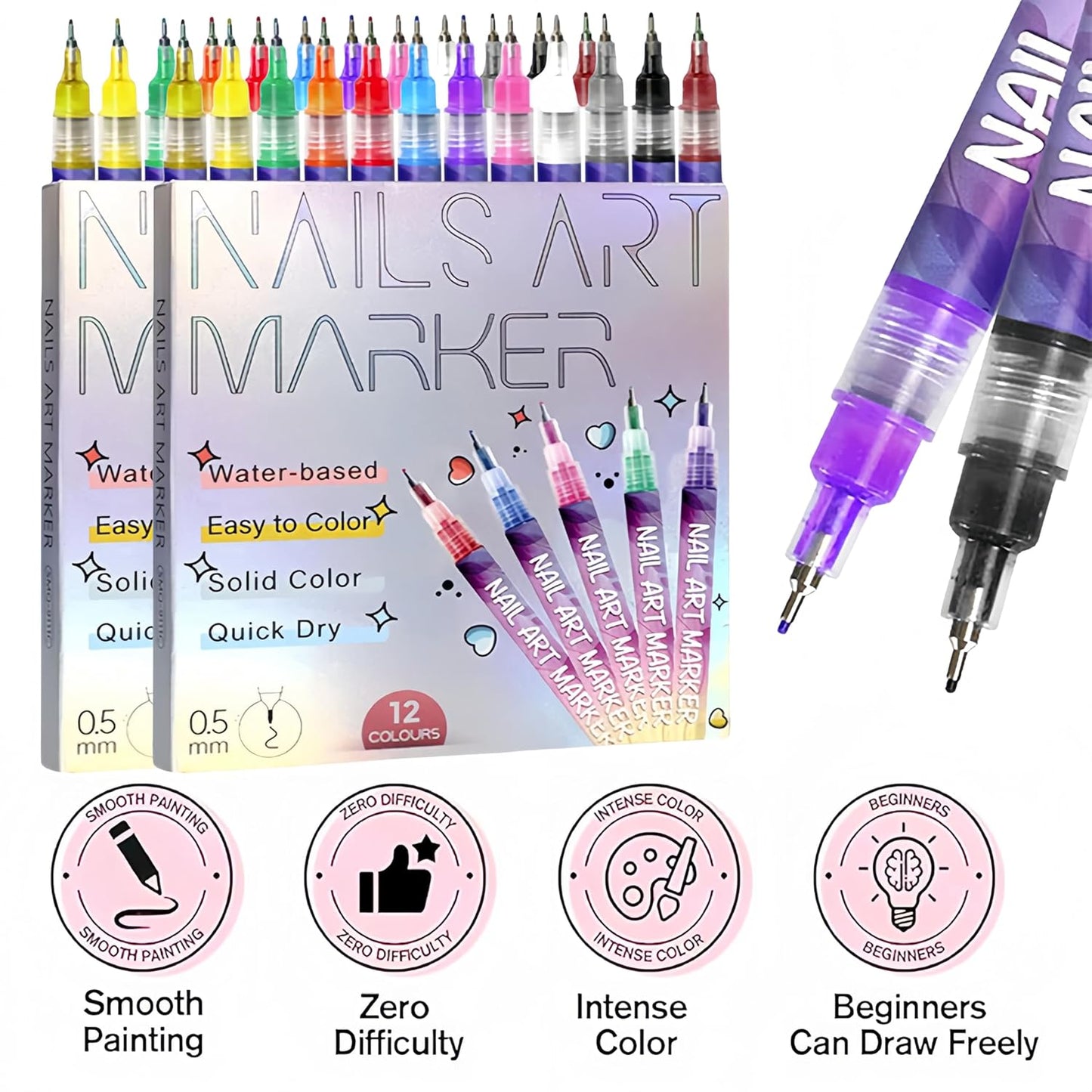 Nail Art Pens Set - 12 Colors Quick Dry Dotting & Liner Pens for DIY Nail Art | 3D Painting Tools