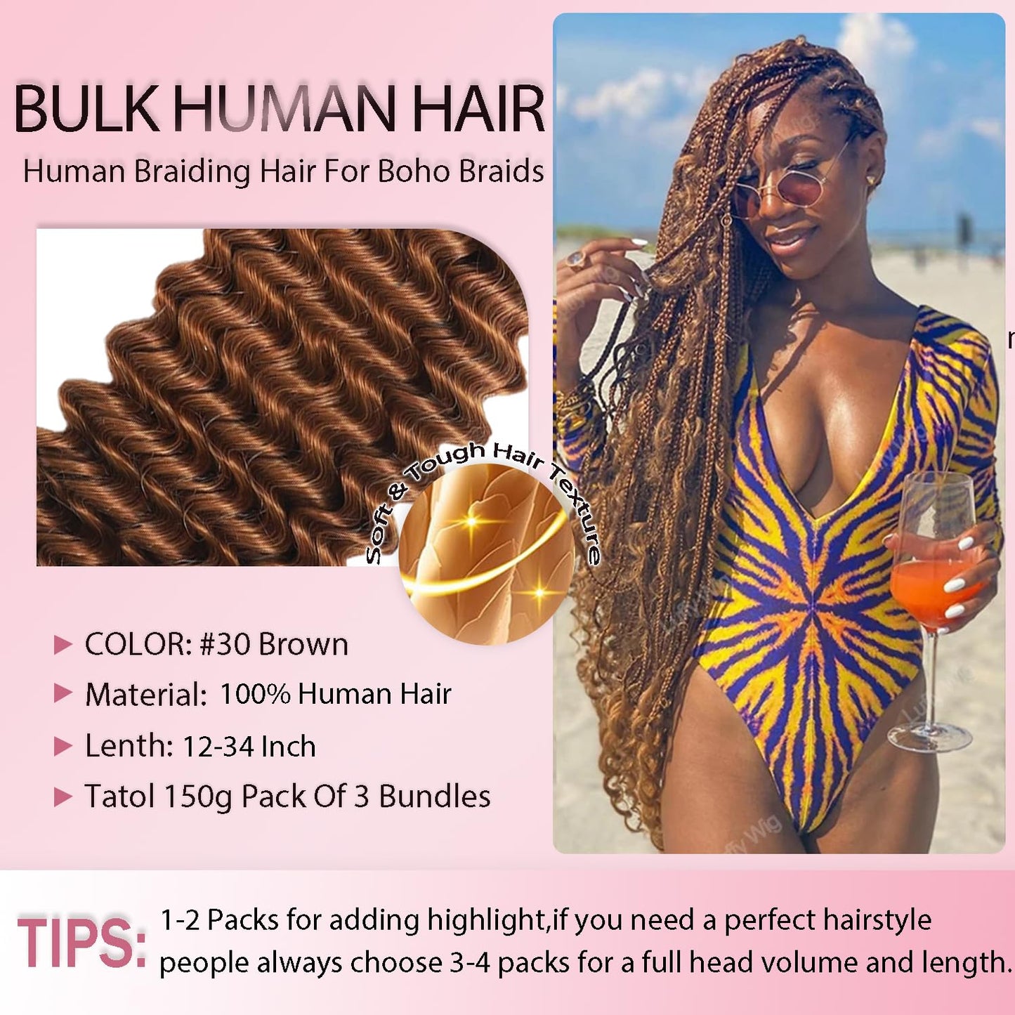 #30 Brown Human Braiding Hair for Boho Braids 20 20 20 Inch Color 30 Deep Wave Bulk Hair No Weft Light Brown Curly Human Hair Extensions for Braids 3 Bundles 150g