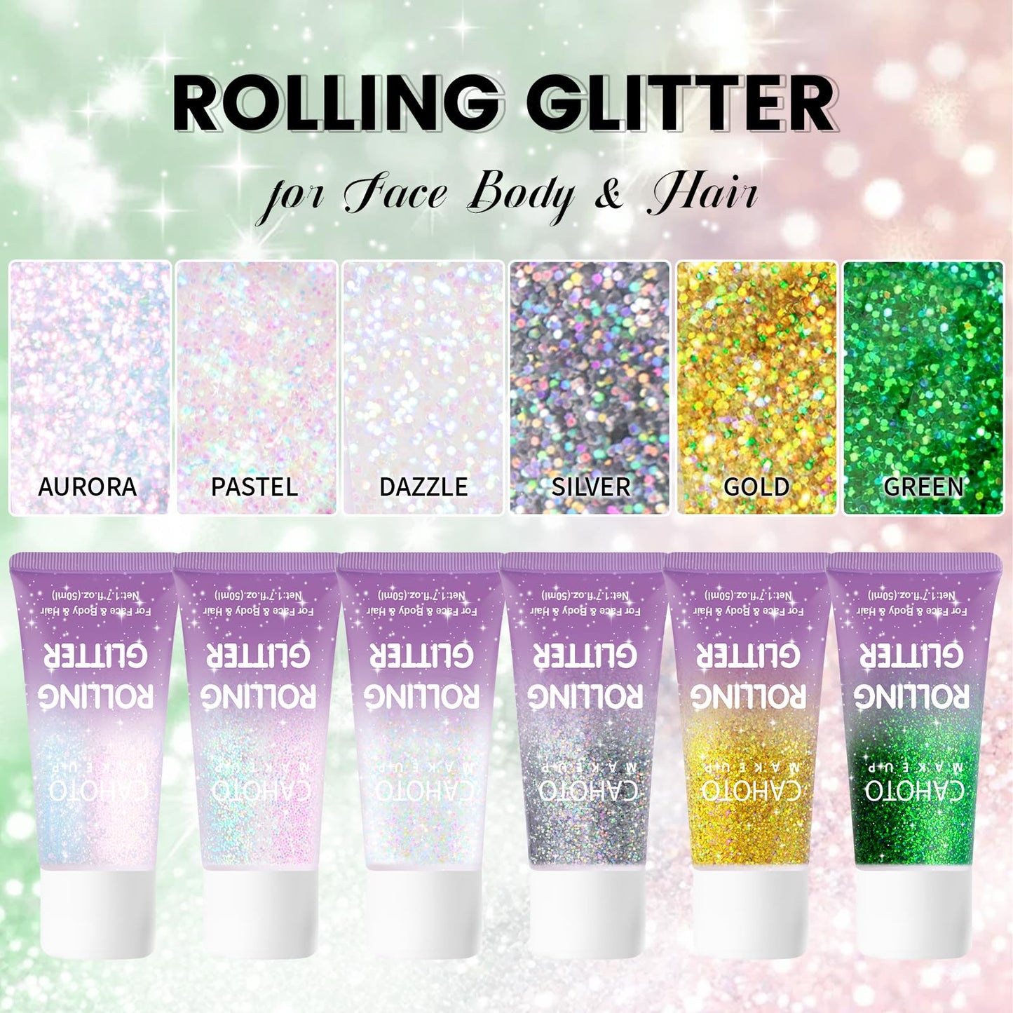 CAHOTO Pastel Rolling Glitter, Shimmer Gel for Face Body & Hair, Sparkling Holographic Roll-on Sequins for Singer Concert Rave Festival Halloween Party Carnival, 1.7 fl.oz.