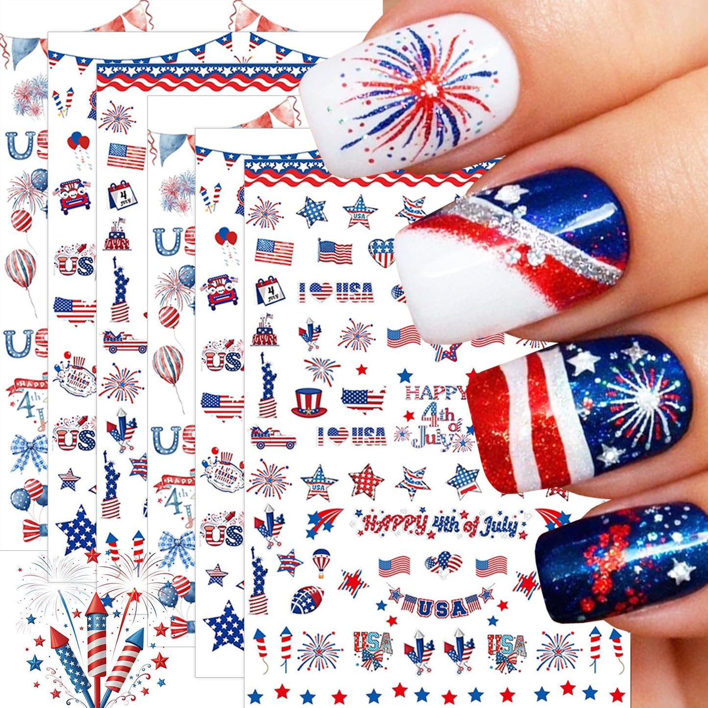6 Sheets 4th of July Nail Stickers for Nail Art 3D Self-Adhesive Independence Day Nail Decals American Flag Stars Letters USA Nail Art Stickers Fourth of July Nail Design Nail Art Supplies for Women