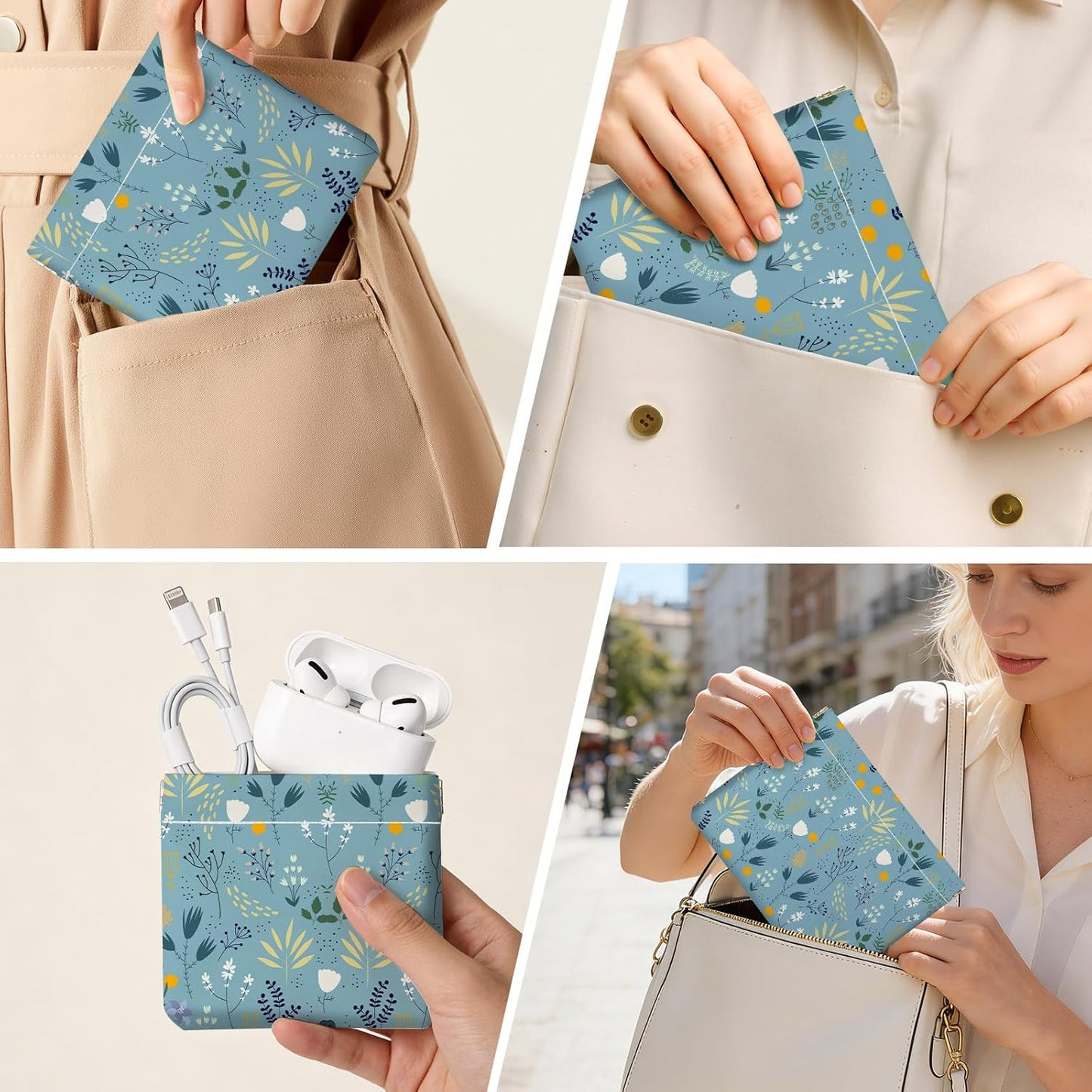 Makeup Bag Set - 2 PCS PU Leather Cosmetic Organizer | Portable Self-Closing Pouch for Women - Blue Flower Design