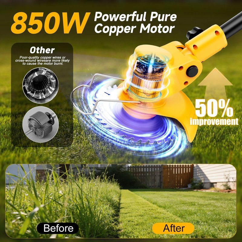 Electric Weed Wacker Cordless with Wheels,Electric Weed Eater Battery Powered 4000mAh,4 in 1 Grass Trimmer/Brush Cutter/Grass Edger/Lawn Mower,No String Trimmer with Blade, 2 Battery (Black Yellow)