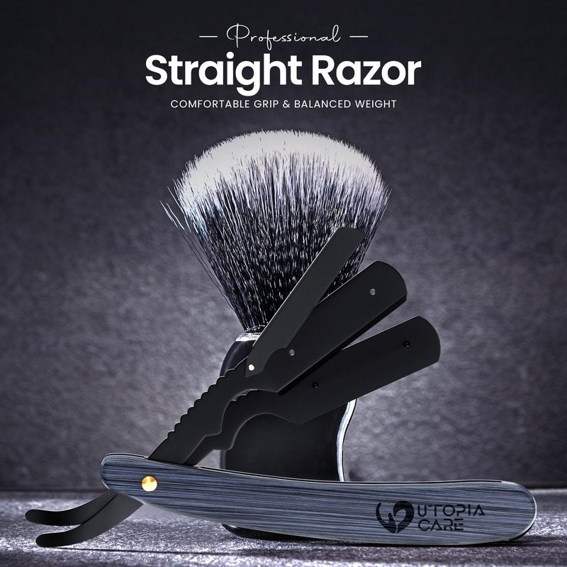 Utopia Care Straight Razors For Men, Professional Barber Straight Edge Razor with 100 Single Edge Blades, Stainless Steel, Beard Shaving Kit For Men, Premium Smooth Wooden Grip, Black