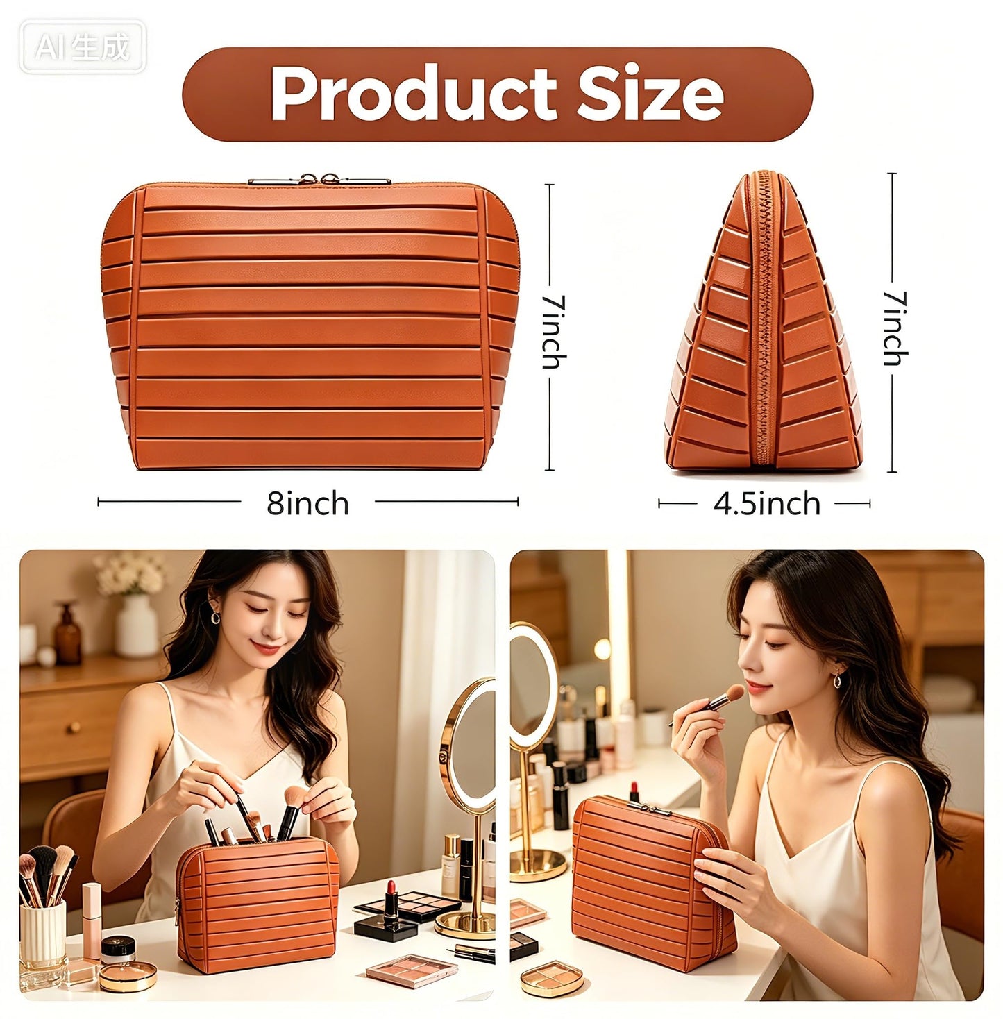 Parallel Traveler Makeup Bag,Fold Down Cosmetic Bag with Brush Organizer,Large Capacity Travel Makeup Case,Water-Resistant PU Leather Toiletry Bag for Women,Portable Makeup Organizer Bag for Travel