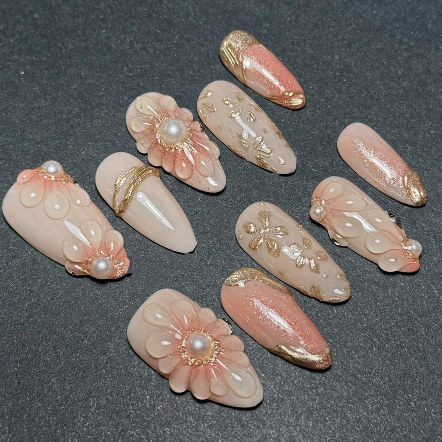 French Tip Press-On Nails - Short Square Floral Design with 3D Rhinestones | 24 Pcs Glossy Acrylic Set