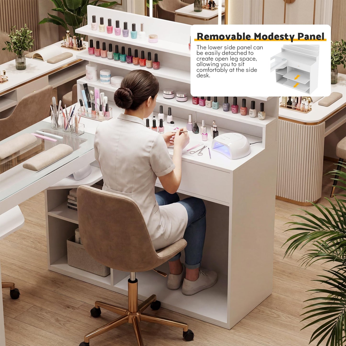 Lavoker Manicure Table Nail Station 60 inch L-Shaped Nail Desk for Nail Tech with Glass Table Top White Nails Table with Shelves Drawer Storage Space.