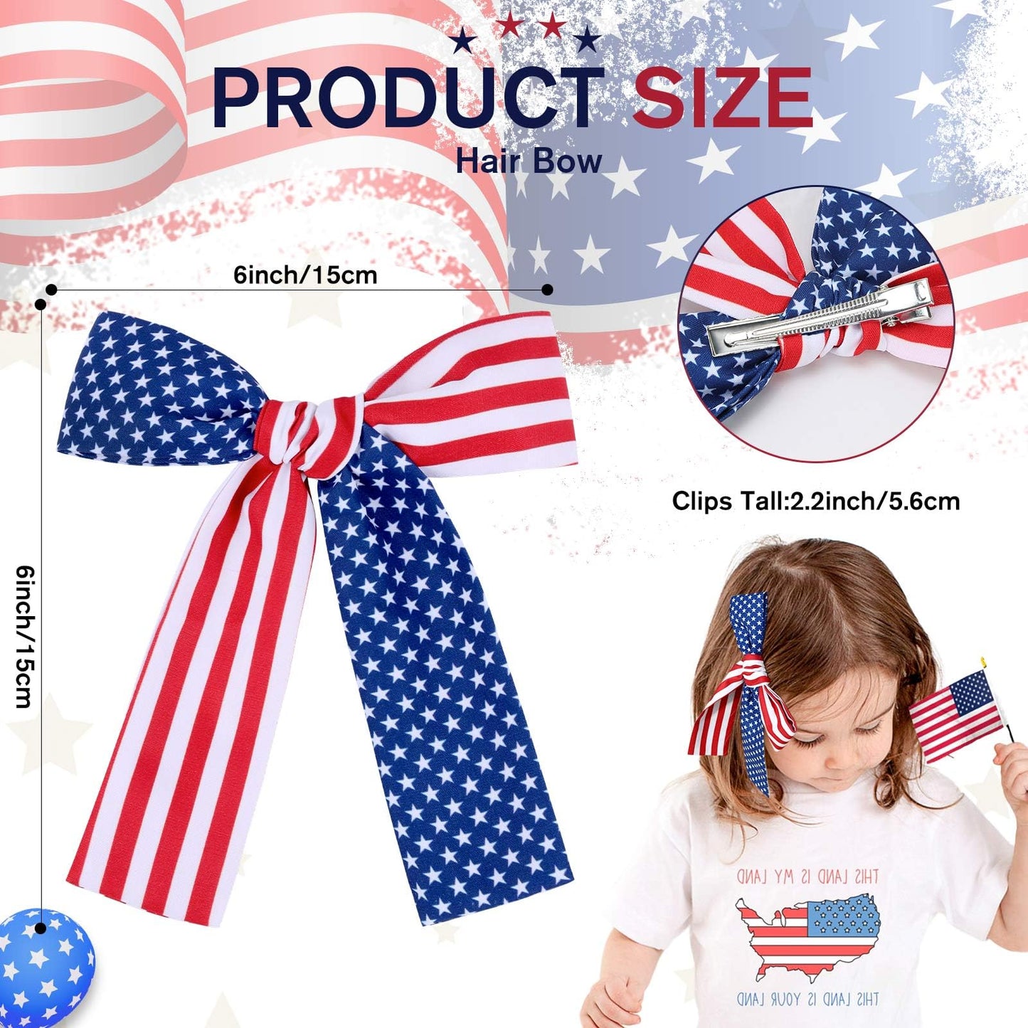 NCMAMA 2PCS 4th of July Hair Bows for Girls, Patriotic Hair Bow Clips for Independence Day, American Red White and Blue Hair Accessories, Hair Barrettes for Toddler Children Kids (American Flag-A)