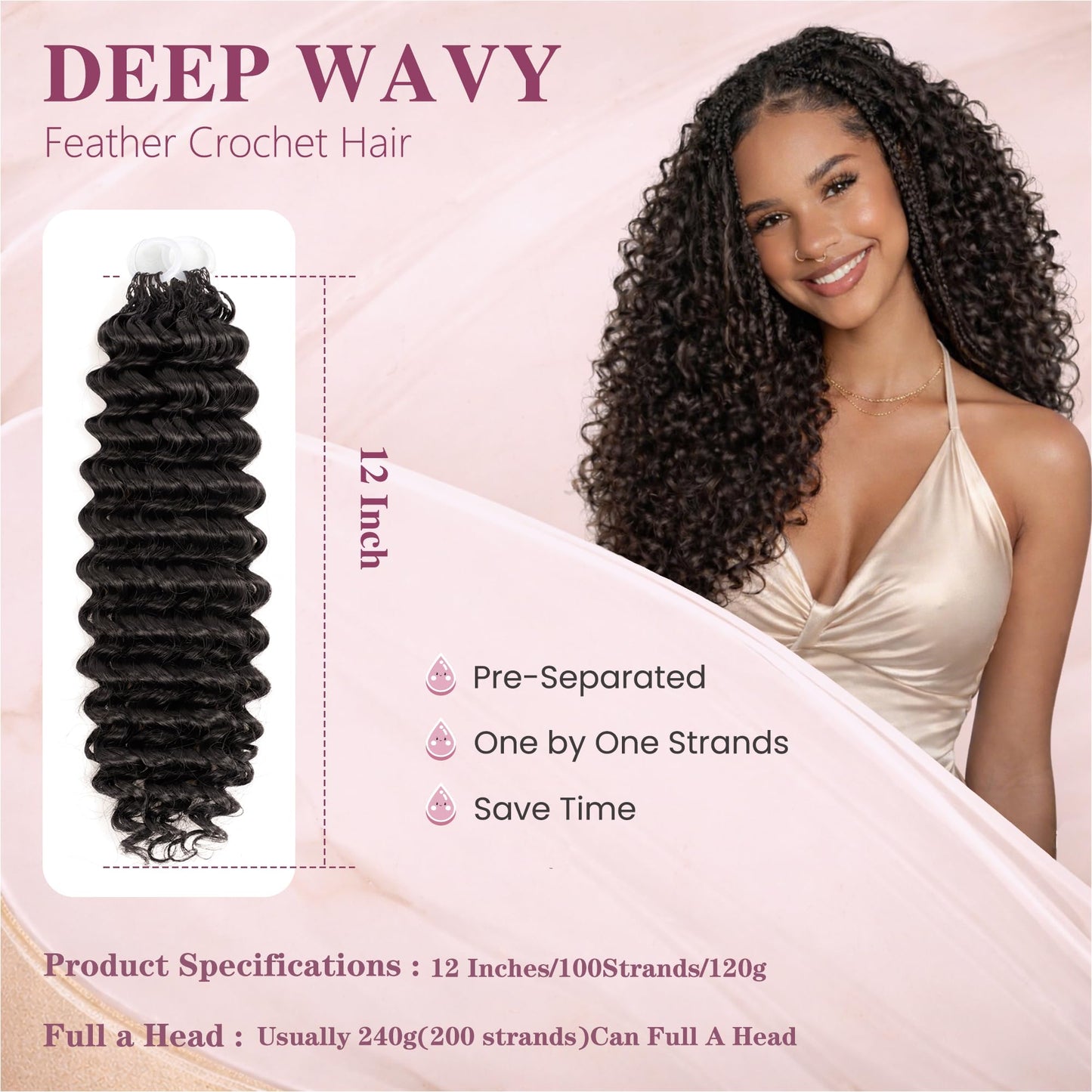 Feather Crochet Hair For Black Women, 100 Strands 120g Synthetic Deep Wave Pre-Separated Crochet Hair for Miracle Knots,Invisible Burmese Curly Hair Extensions (4#, 12 Inch(100Strands))
