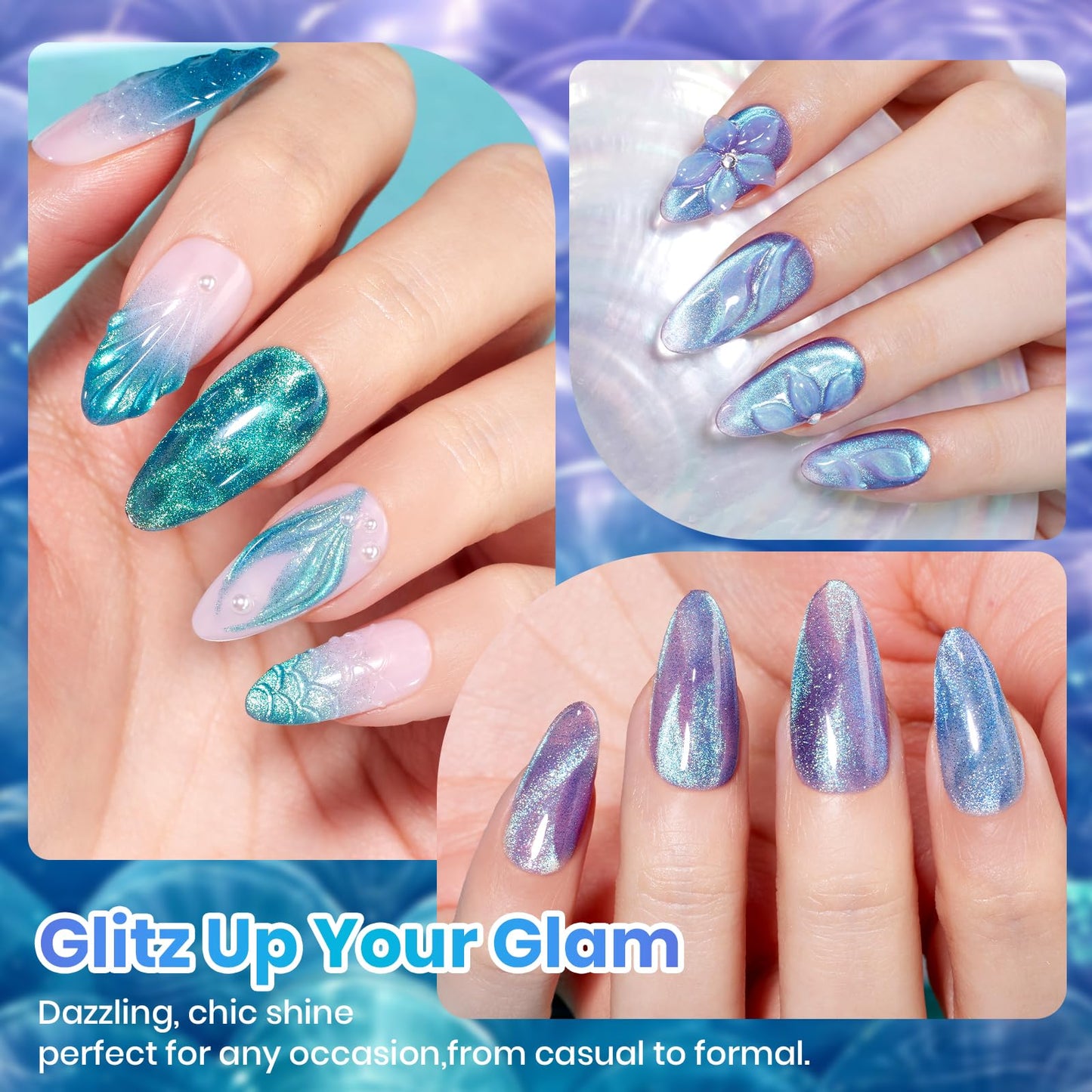 Beetles Cat Eye Gel Nail Polish Set - Lunar Mermaid 6 Colors Summer Gel Nail Polish Kit Glitter Blue Purple Navy Blue Teal Colors Magnetic Shine Soak Off UV Salon DIY Manicure Gift for Women