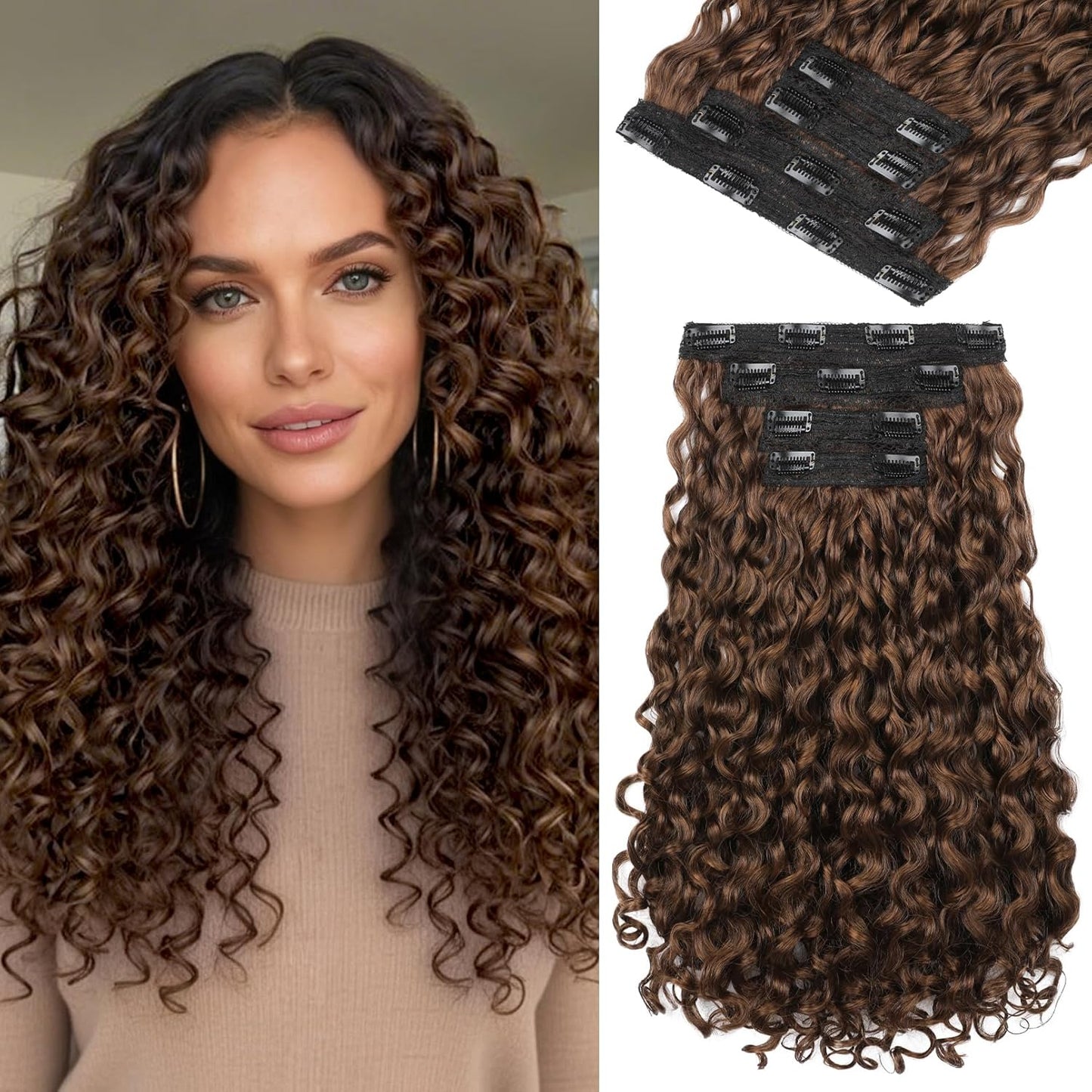 Curly Hair Extensions - 4PCS 18" GoGo Curly Clip-Ins | 100% Protein Hairpieces, Honey Blonde Highlights