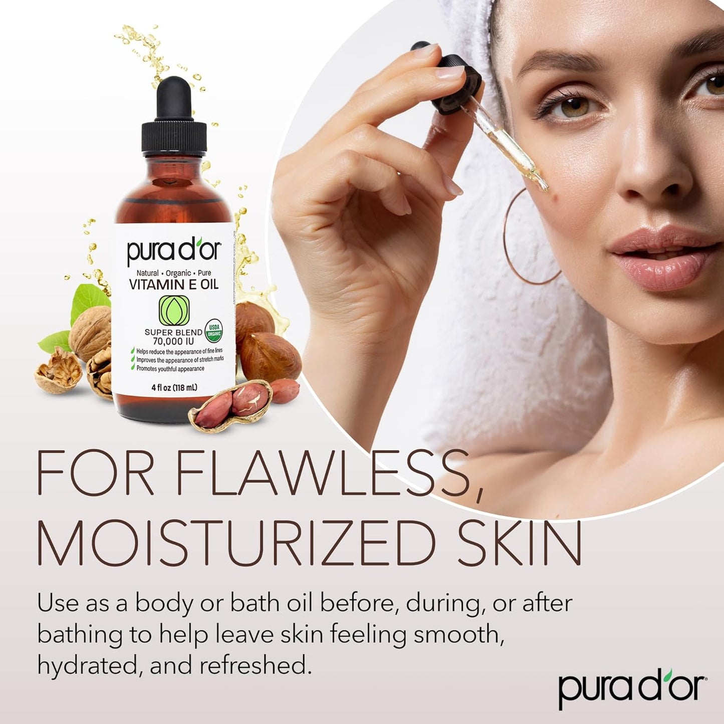 PURA D'OR Organic Vitamin E Oil - 70,000 IU Ayurvedic Skin Care | Lightweight Moisturizer for Face & Body