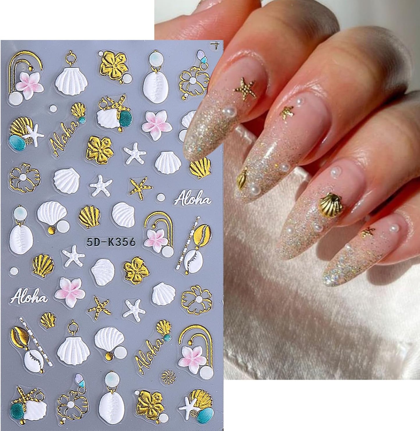 5D Embossed Beach Nail Stickers - Ocean-Themed White & Gold Shell & Starfish Designs | 2PCS Self-Adhesive Nail Art for Summer Manicure