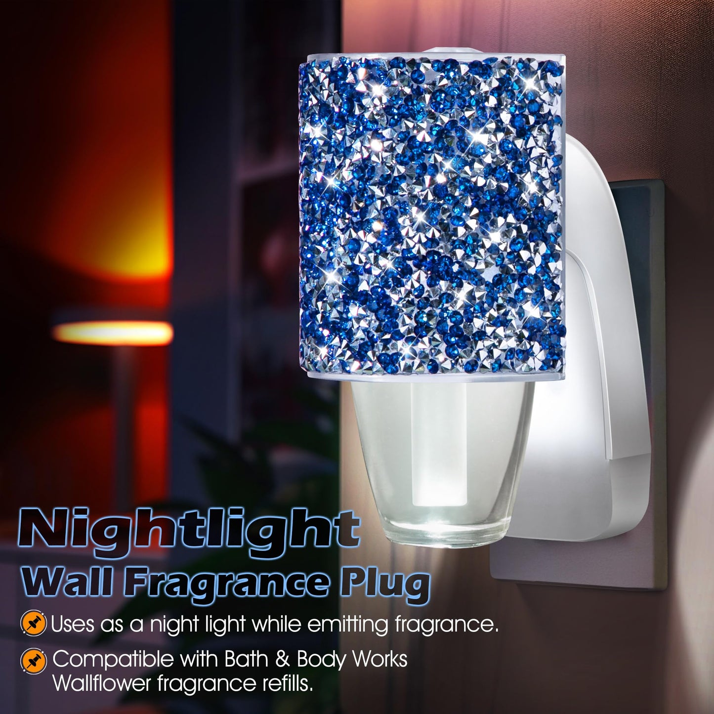 Hohean Wall Fragrance Plug in with Night Light, Compatible with Bath & Body Works WallFlower Fragrance, Wall Plug Essential Oil Diffuser with Nightlight for Home, Office, Round Rhinestone (Royal Blue)