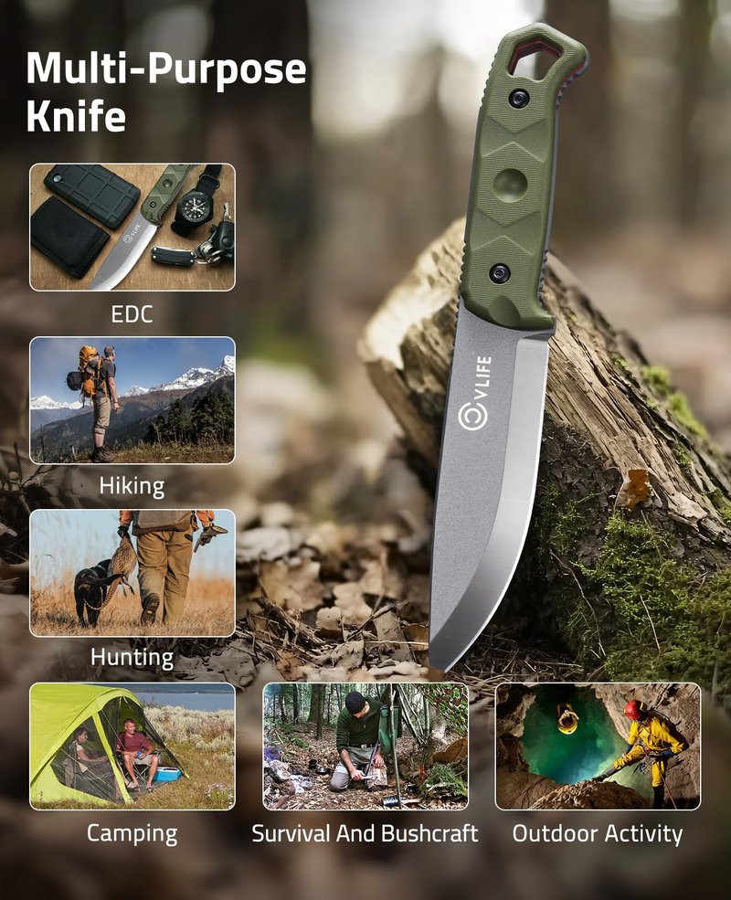 CVLIFE Fixed Blade Knife with Sheath, 5.2" D2 Steel Full Tang Survival Bushcraft Knife, Scandi Grind, 5-Layer Handle with G10 Liners, Heavy Duty Hunting Camping Knives for Men, Green