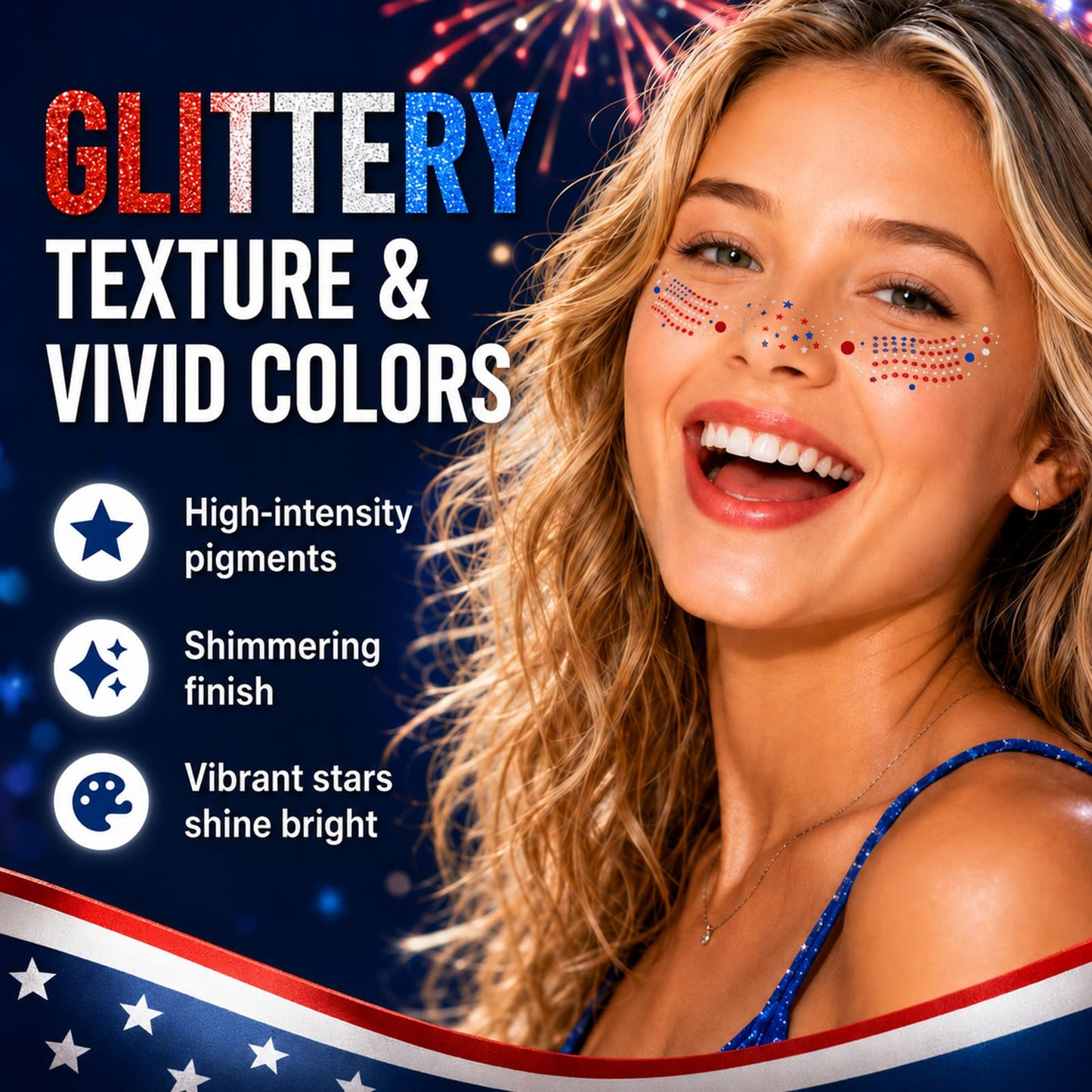 Go Ho Patriotic American Flag Glitter Freckles Face Tattoo 6PCS,USA Flag Face Body Tattoo Sparkle,4th of July Outfits and Accessories for Women Kids,Red White and Blue Face Stickers