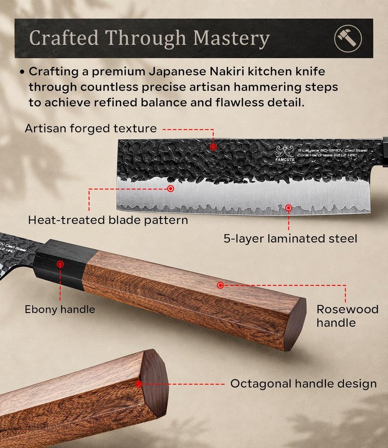FAMCÜTE 7 Inch Japanese Nakiri Knife, Hand Forged 5 Layers High Carbon 9CR18MOV Steel Rosewood Handle Chef Knife, Efficiency Cutting Professional Japanese Knife, A Thoughtful Father’s Day Gift for Men