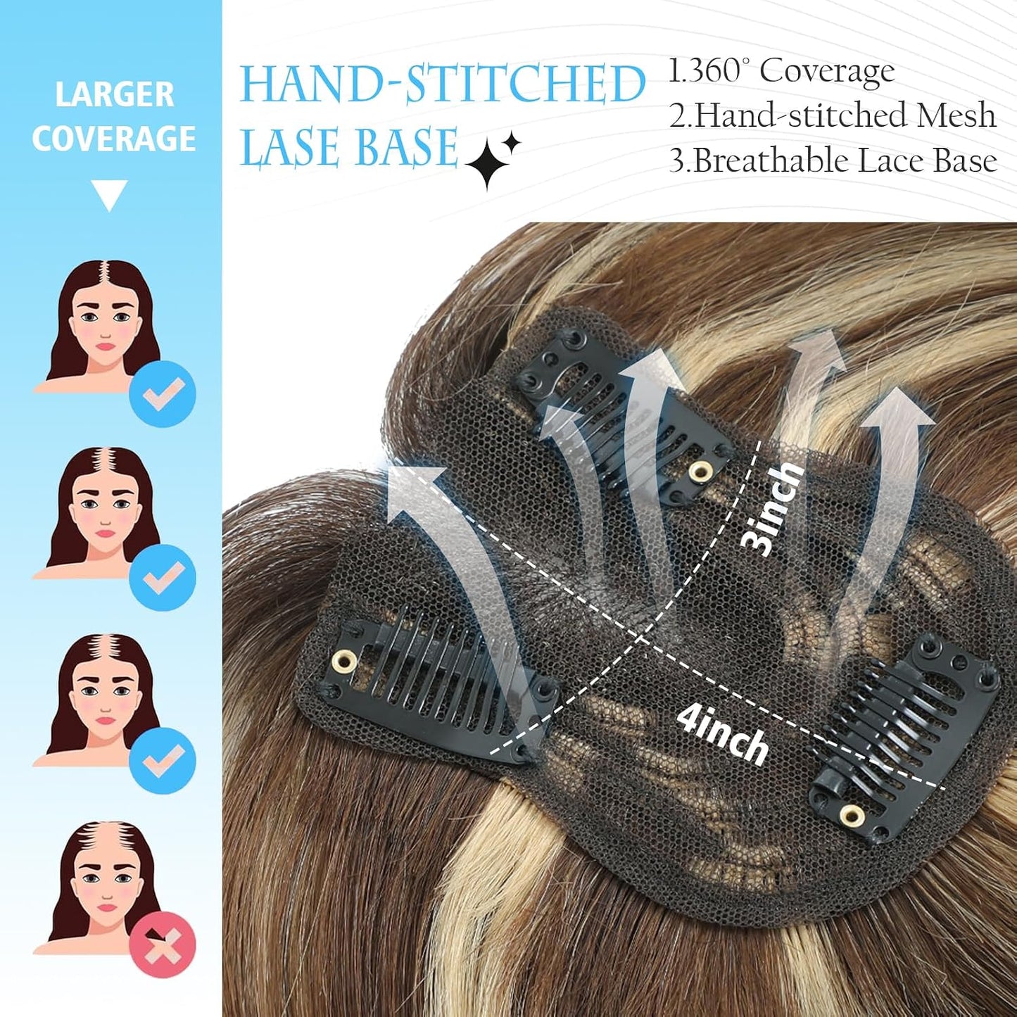 Human Hair Toppers for Women | Real Hand-Tied Swiss Base Hairpieces for Thinning Hair - 10 Inch, 30g, No Bangs