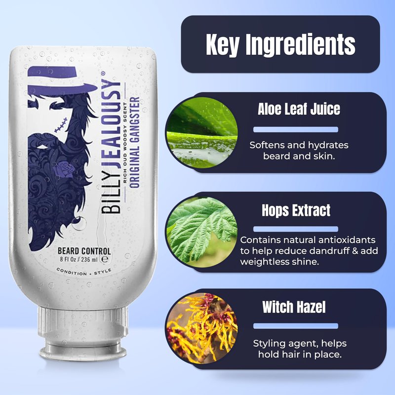 Billy Jealousy Original Gangster Beard Control Leave In Beard Conditioner for Men with Aloe Leaf Juice and Panthenol Softens Hair and Skin, Light Hold with Matte Finish, 8 Fl Oz