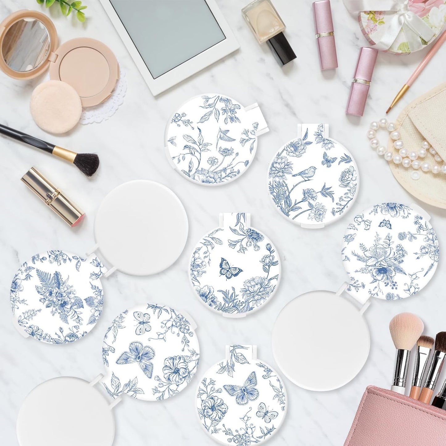 Blue Porcelain Compact Mirror Set - 50 Pcs Round Folding Makeup Mirrors | Portable Purse Size Gifts for Women