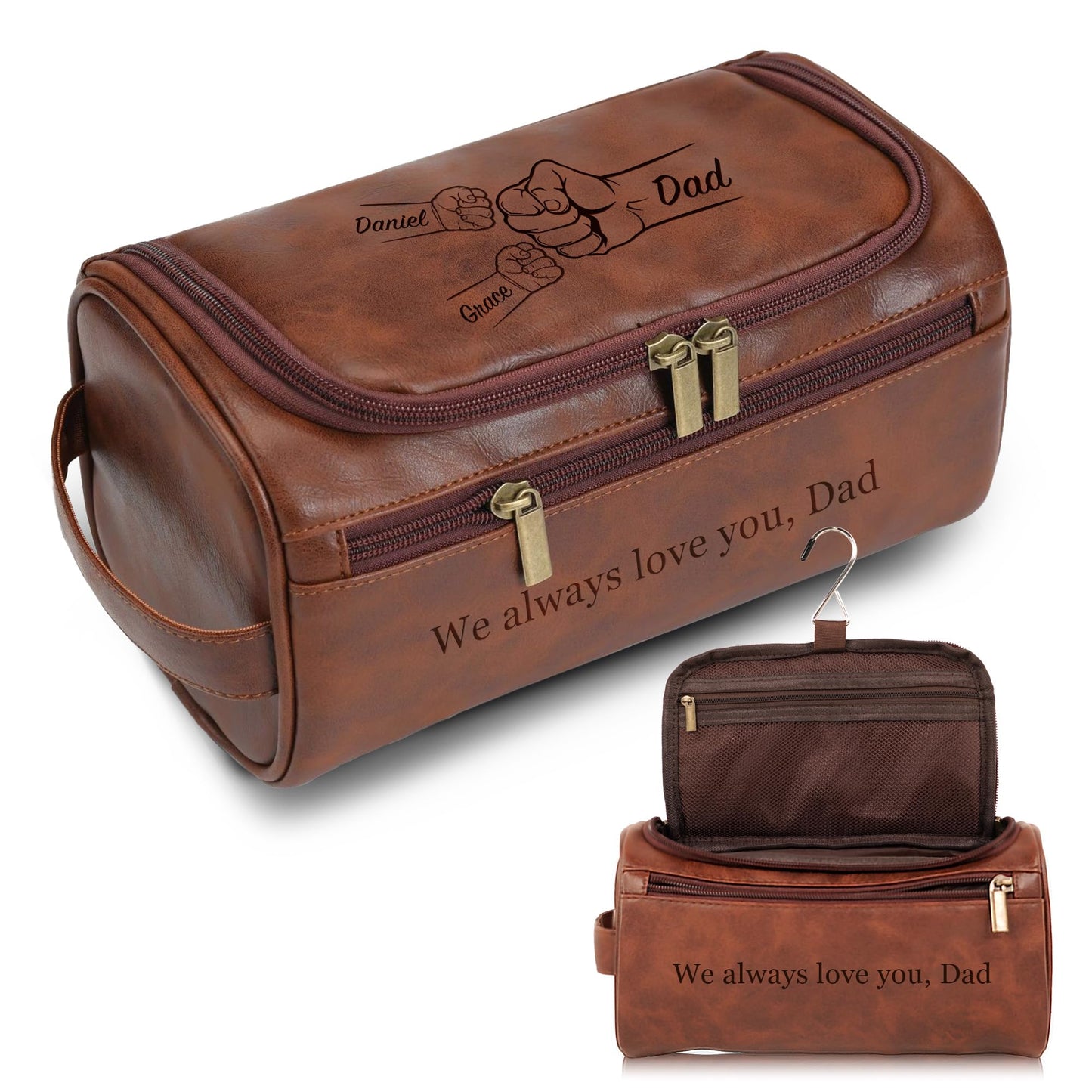 Easycosy Personalized Leather Toiletry Bag for Men, Fathers Day Gift for Husband, Toiletry Bags for Traveling, Engraved with Name & Initials, Customized Gift for Dad Husband Boyfriend