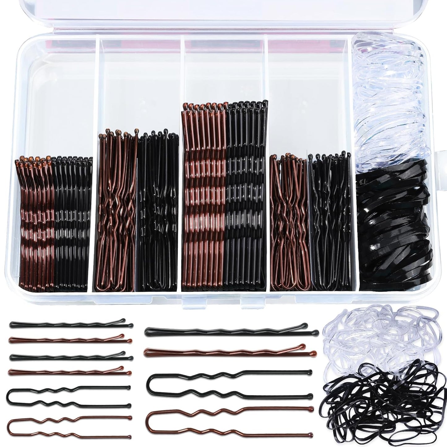 Bobby Pins Hair Pins Kit - 300pcs Brown Hair Accessories for Women | 100 Hair Bands, 2-2.75 Inch Sizes