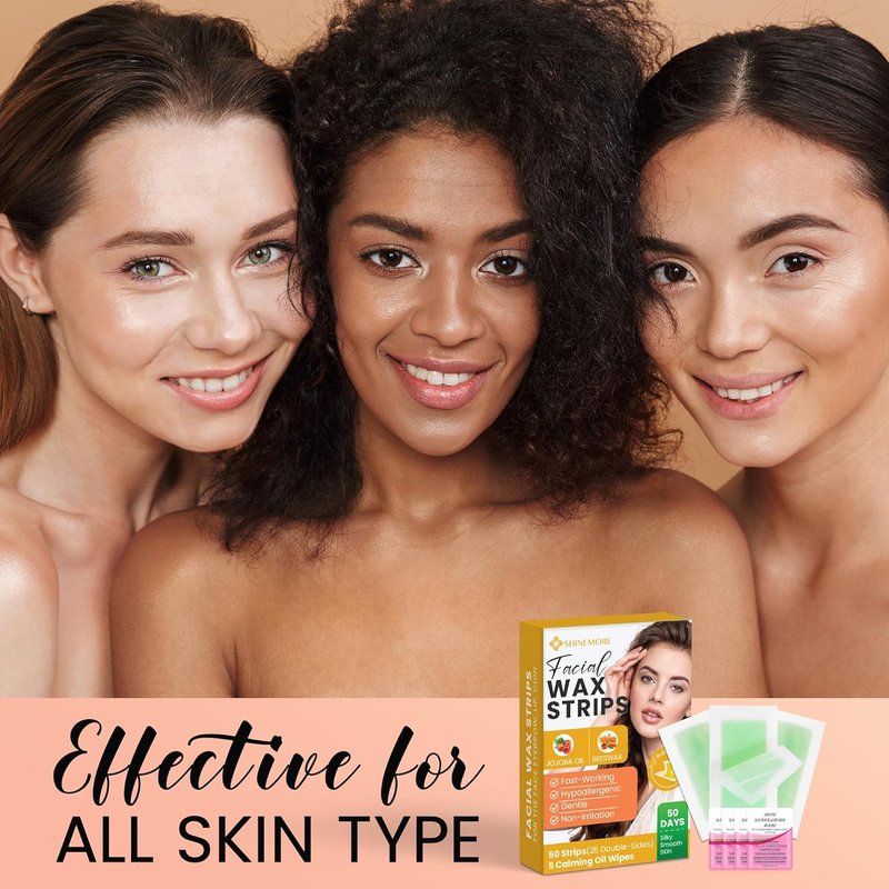 Facial Wax Strips for Hair Removal - Gentle, Hypoallergenic | 50 Strips + 5 Wipes for All Skin Types