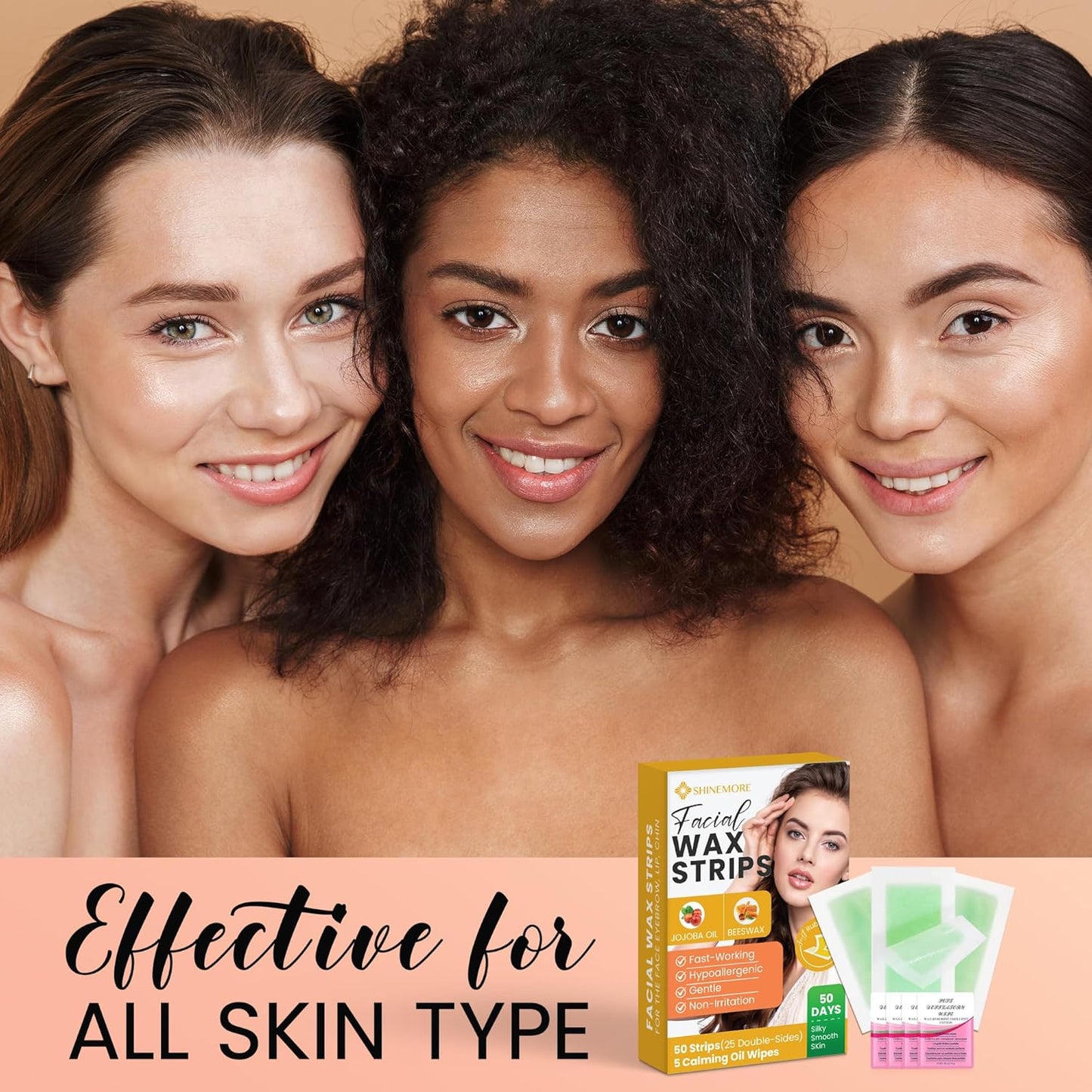 Facial Wax Strips for Hair Removal - Gentle & Fast-Acting | 50 Hypoallergenic Strips & 5 Wipes
