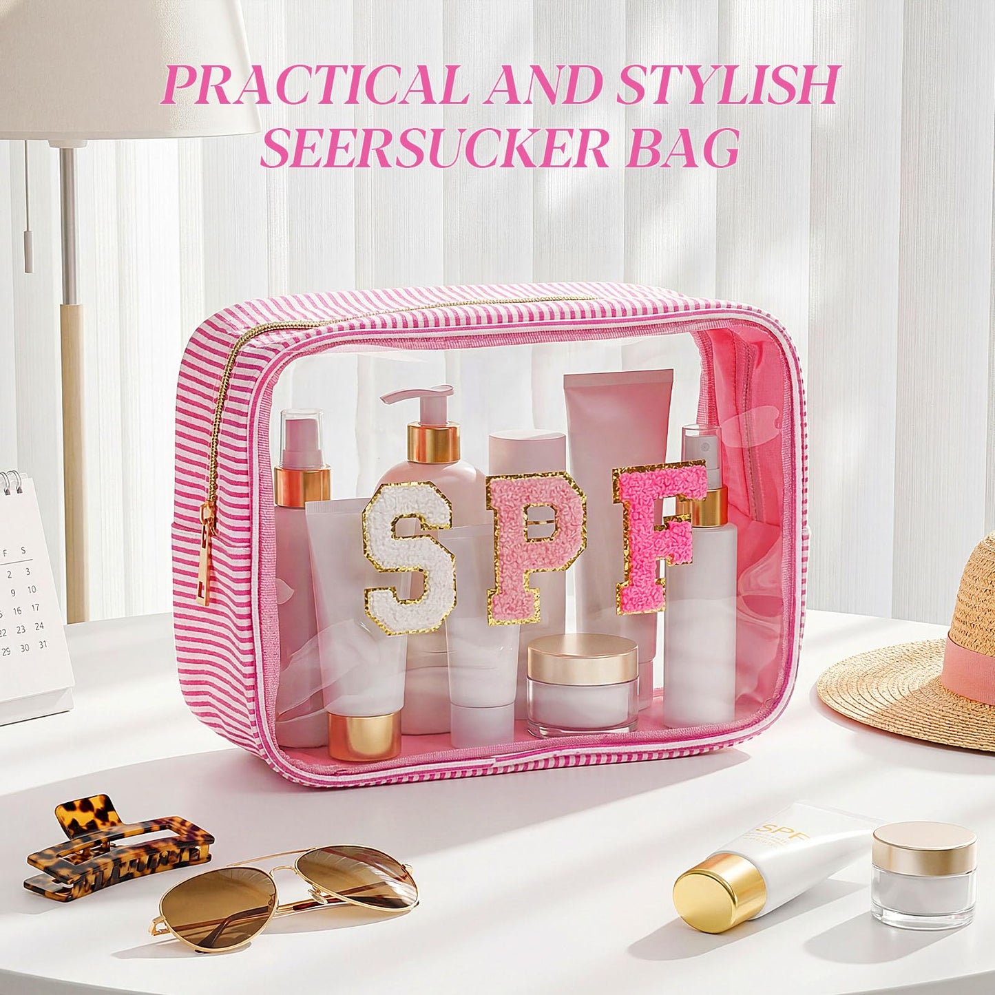 Sanwuta Seersucker SPF Bag Chenille Letter Clear Makeup Bag Preppy Travel Toiletry Pouch Large Striped Storage Organizer for Women Suncare Cosmetic Case(Rose Red)