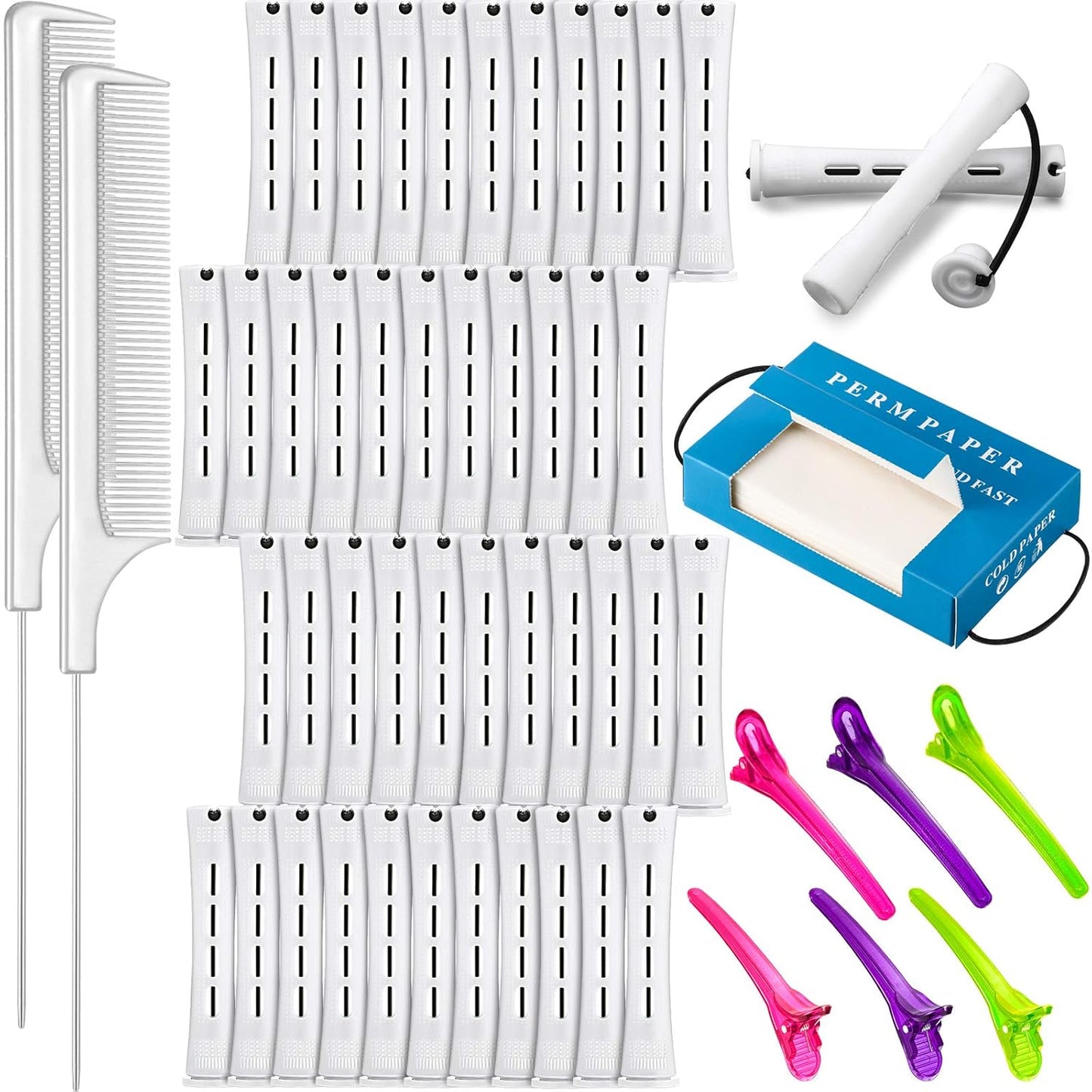 Hair Styling Kit - 48 Plastic Perm Rods, 2 Steel Pintail Combs, 350 Perm Papers, 6 Duck Bill Clips | Gray