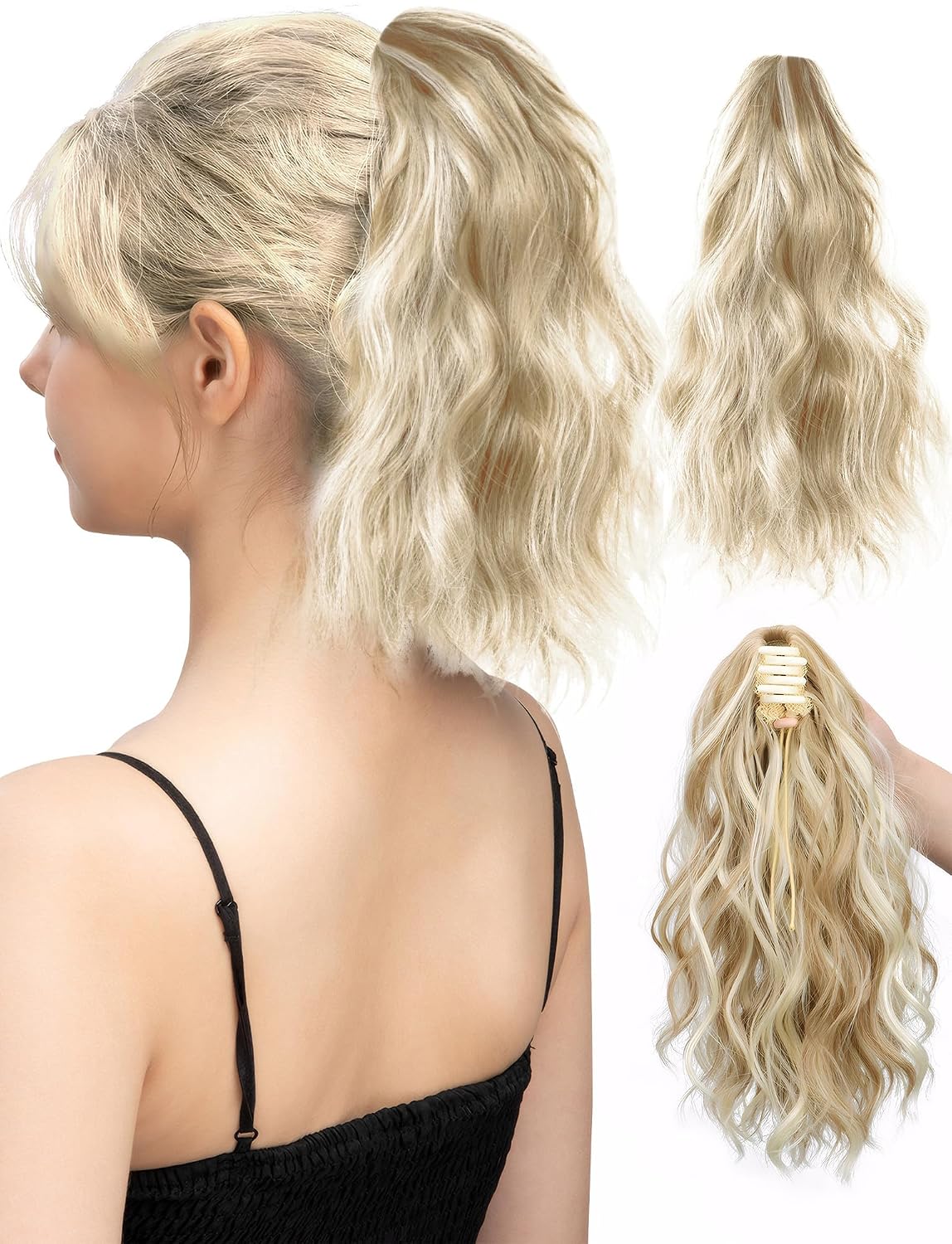 Curly Wavy Ponytail Hairpiece - 13-Inch Synthetic Claw Clip Extension | Honey Blonde