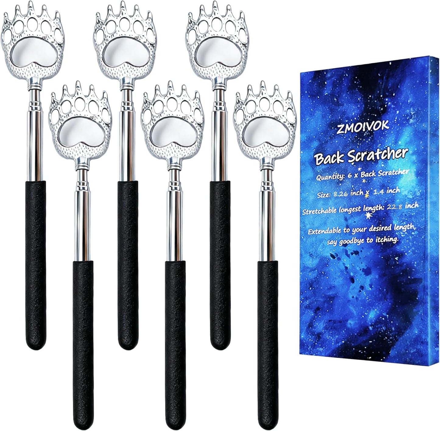 Extendable Back Scratcher Set - 6 Metal Bear Claw Scratchers for Men & Women | Perfect Christmas Stocking Stuffers - Black