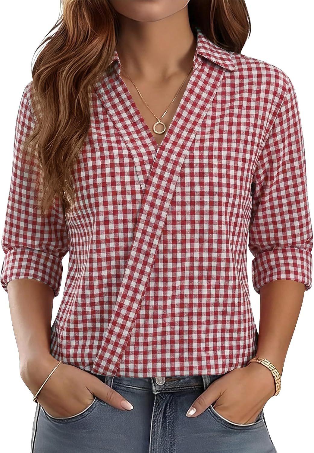 3/4 Length Sleeve Women's Dressy V-Neck Collared Tops - Trendy Business Casual Blouses for Work & Vacation
