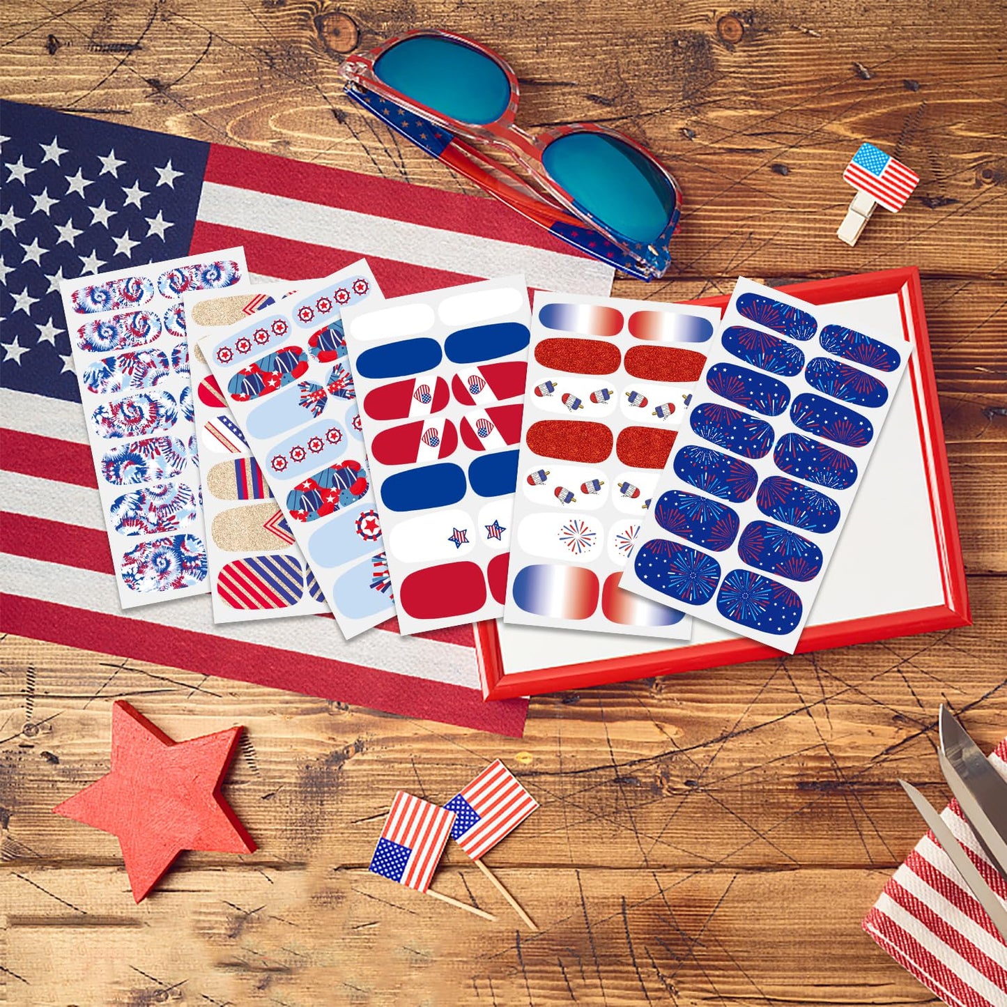 JERCLITY 6 Sheets Independence Day Nail Wraps for Women Self-Adhesive 4th of July Nail Polish Strips Patriotic Nail Strips for Memorial Day（4th of July-B）