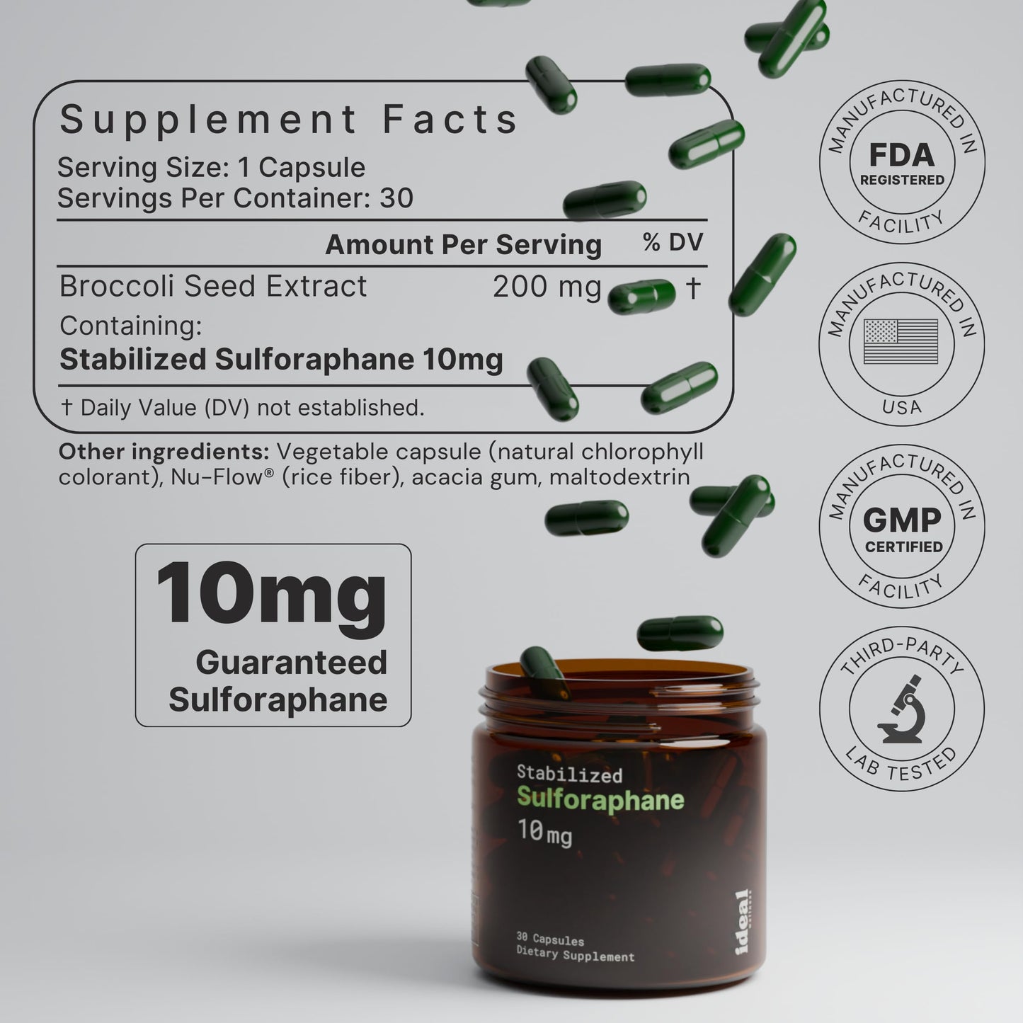 10mg Pure Stabilized Sulforaphane Supplement from Broccoli Sprout Extract - Cellular Detox, Liver & Brain Health Support - Nrf2 Activator - Non-GMO & Glyphosate Free - 30 Vegan Capsules