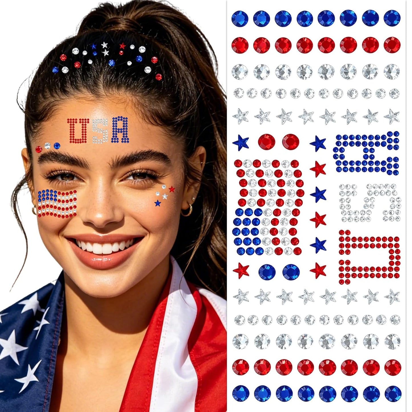 Mysense Waterproof 4th of July Temporary Tattoos - Red, White & Blue Glitter Face Stickers | Easy Application, 6 Sheets