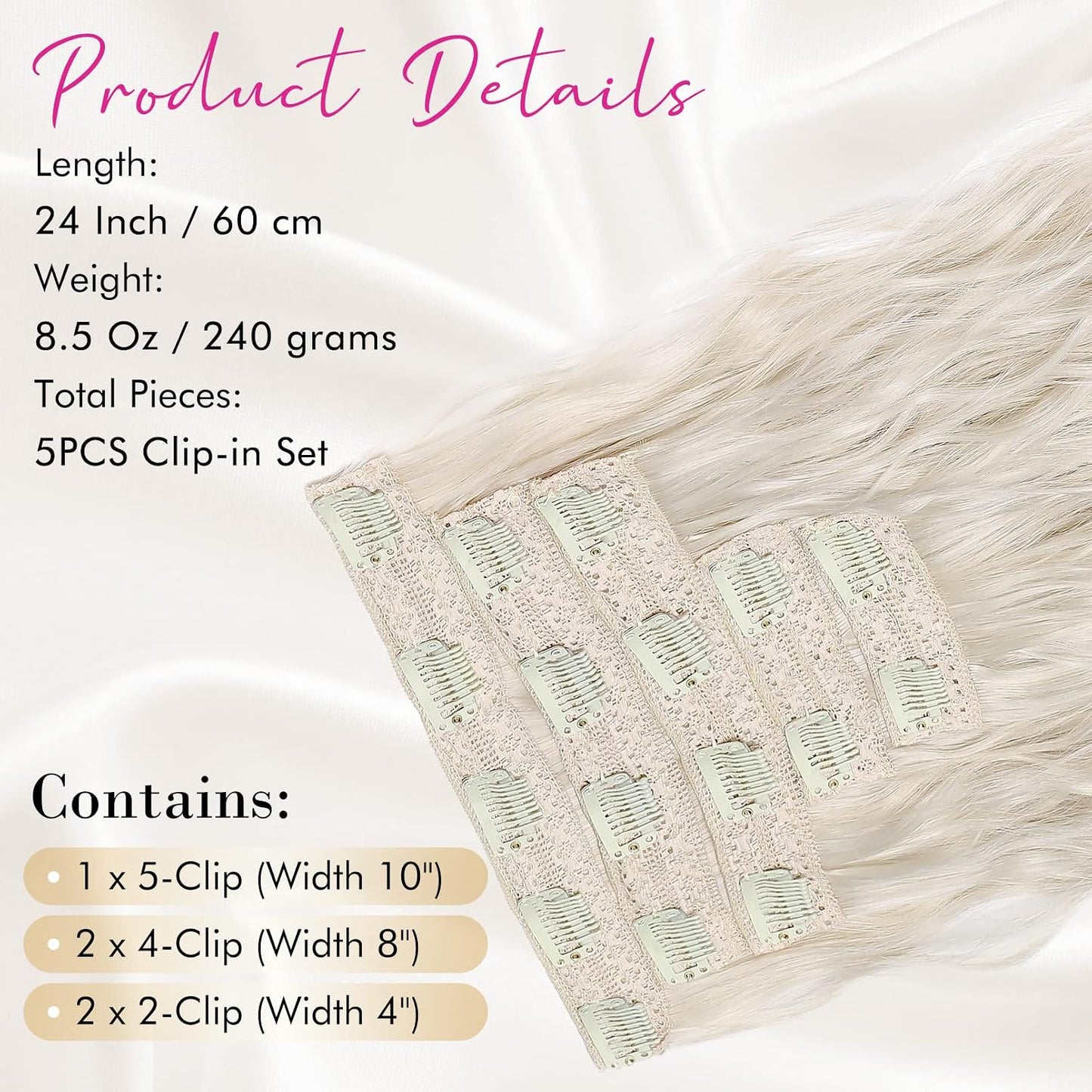 Blonde Clip-In Hair Extensions - 24" Thick Loose Waves | Natural Soft Hairpieces for Women - Platinum Blonde