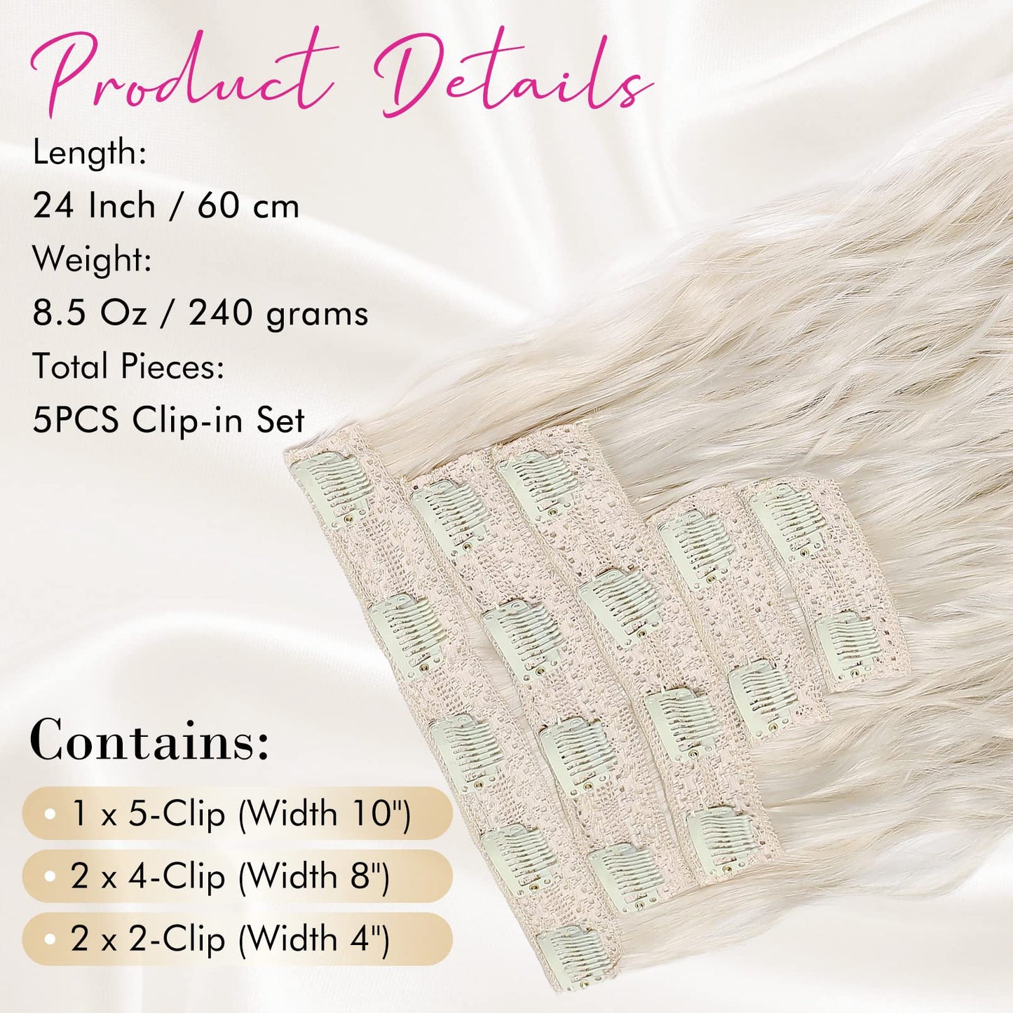 Hair Extensions, REECHO Blonde Clip in Hair Extensions 24" Thick Long Loose Waves hair extensions HE002 Invisible Lace Weft Natural Soft Hairpieces for Women – Platinum Blonde