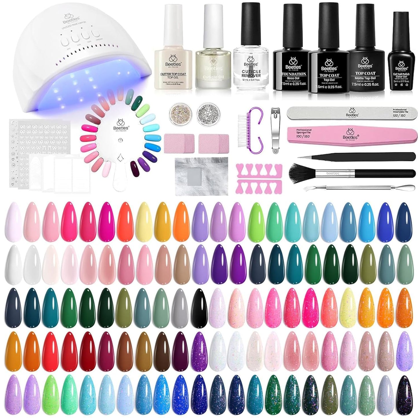 Beetles Gel Nail Polish Kit - 55 Vibrant Colors with UV Light | Complete DIY Manicure Set for Beginners