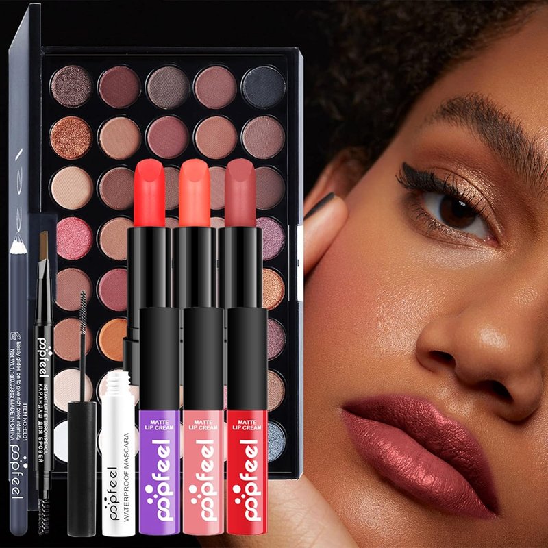 Makeup Kit for Women - Naked Shimmer Eyeshadow Palette, Waterproof Eyeliner & Mascara, Lipstick & Foundation Set | Medium to Dark Skin