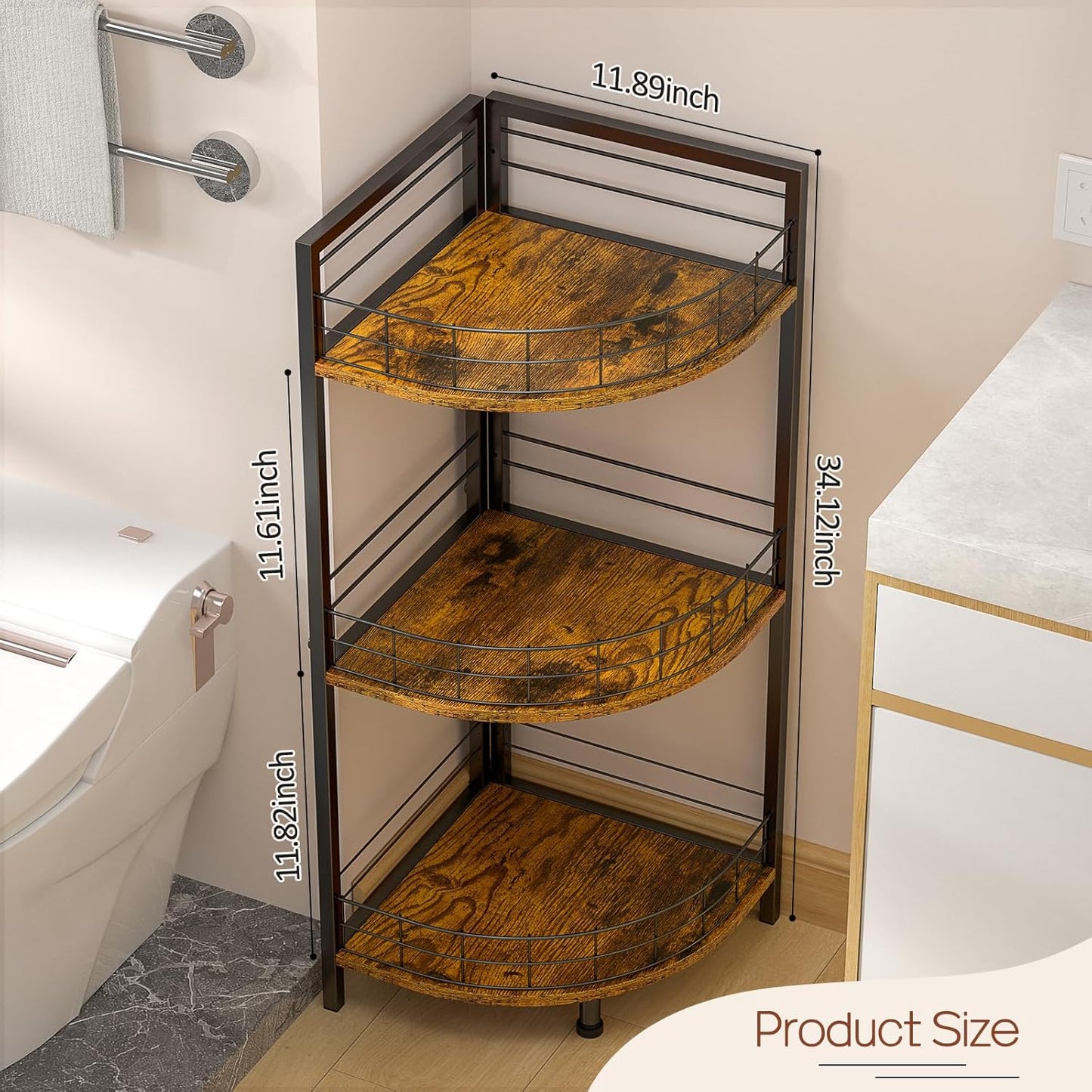 Bathroom Corner Shelf - 3 Tier Free-Standing Storage Unit for Small Spaces | Triangular Curved Design