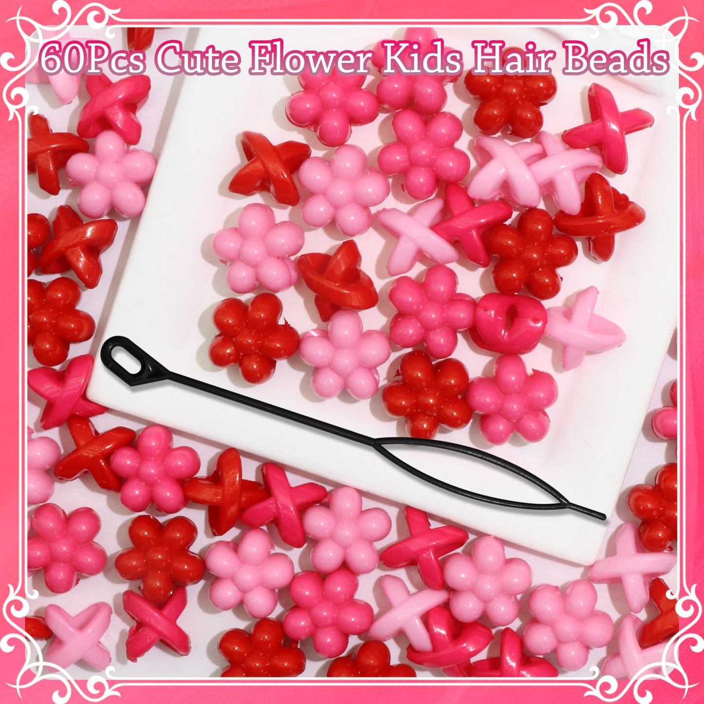 NAISKA 60PCS Pink Hair Beads for Braids Hot Pink Bead Loc Dreadlock Jewelry Multi-style Large Hole Beads Cute Flower Valentine's Day Hair Accessories for Kids Girls