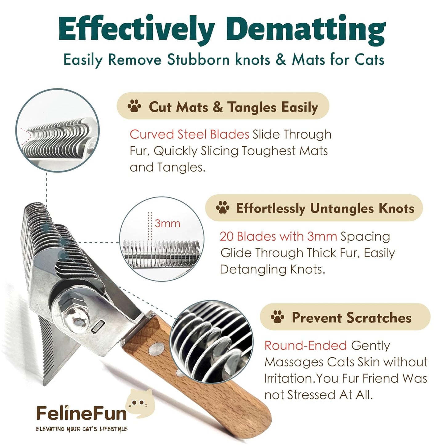 Cat Brush for Dematting & Deshedding - 2 in 1 Undercoat Rake for Indoor & Long Haired Cats | Efficiently Removes Loose Hair & Matted Fur