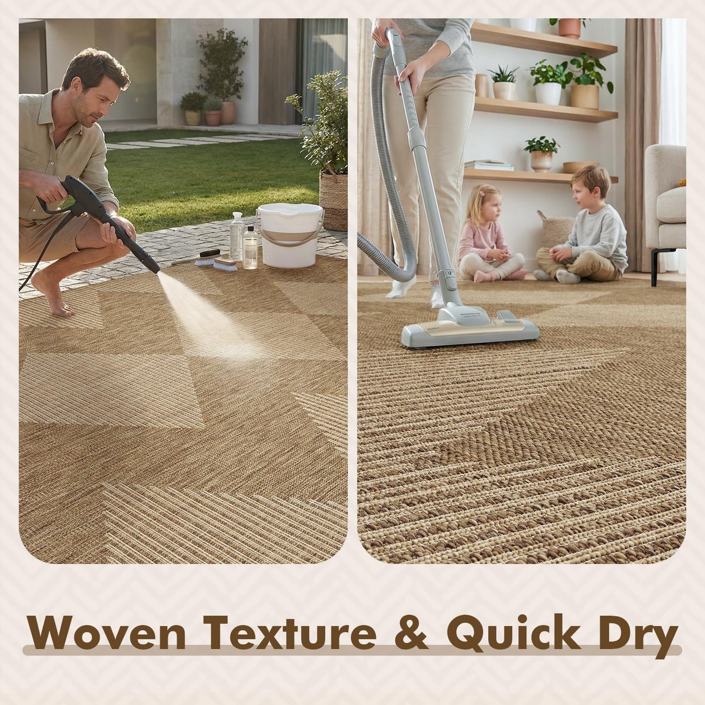 MontVoo-Outdoor Rug Carpet Patio Rug 5x7 ft Polypropylene Indoor Outdoor Rugs for Patio Deck Balcony Porch, Textured Weave, Durable for High Traffic, Fade-Resistant, Boho Geometric Neutral Brown