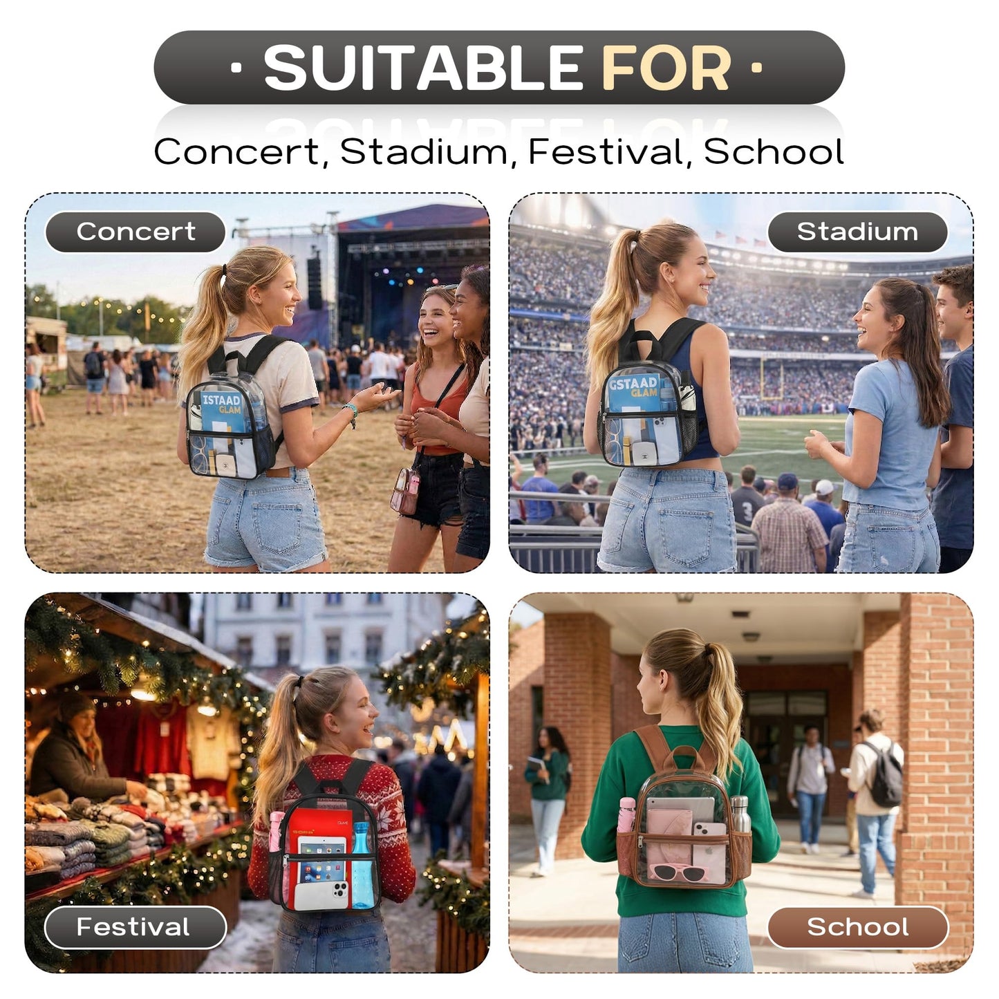 Oraben Clear Backpack Stadium Approved, Clear Bag 12 x 6 x 11 in, Small Transparent Backpack for Concerts, Sports Events, Festivals, Waterproof, Adjustable Straps, Women Men