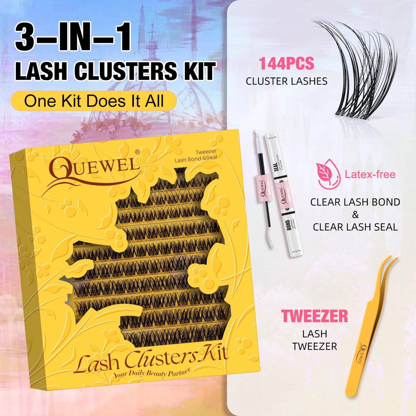 QUEWEL Natural Lash Clusters Kit Soft Wispy Lash clusters Invisible Band Lightweight C Curl Eyelash Extension Kit with Eyelash Clusters Bond and Seal Tweezers for Daily Wear (C)