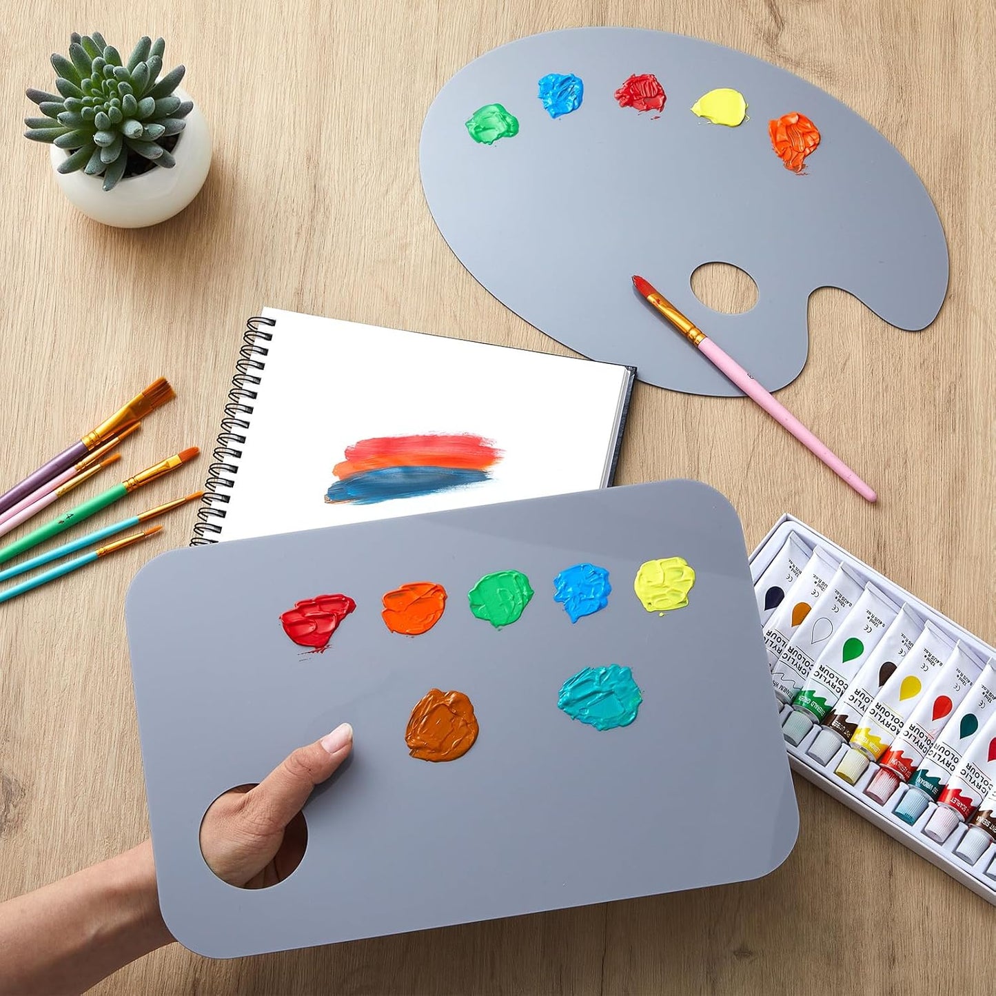 Acrylic Paint Palette - 2 Pack 11.8 x 7.9 Inch Neutral Grey | Easy to Clean Non-Stick Artist Pallet for Oil & Watercolor